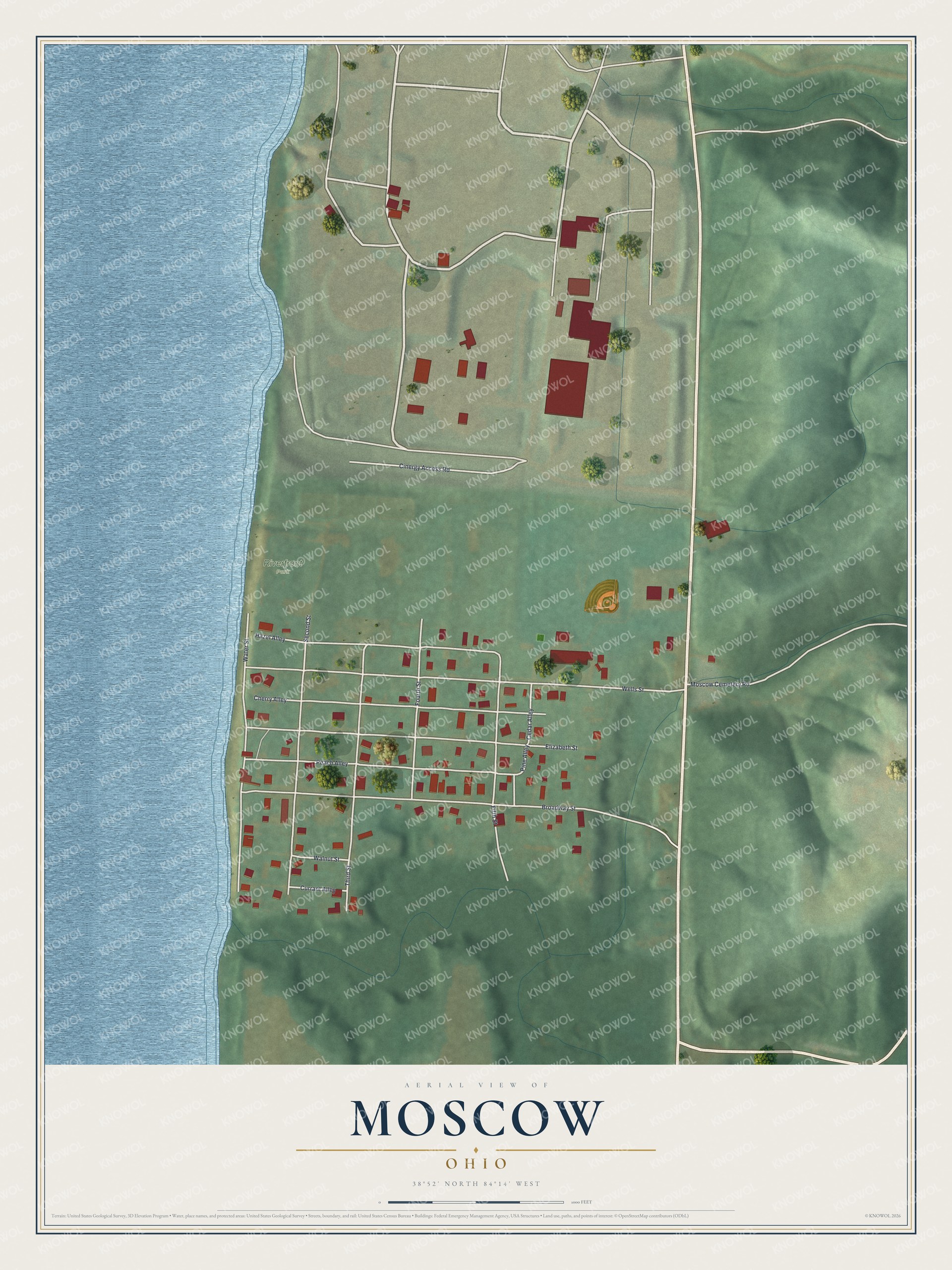 Full map of Moscow, Ohio, with red buildings, printed street names and the land around them