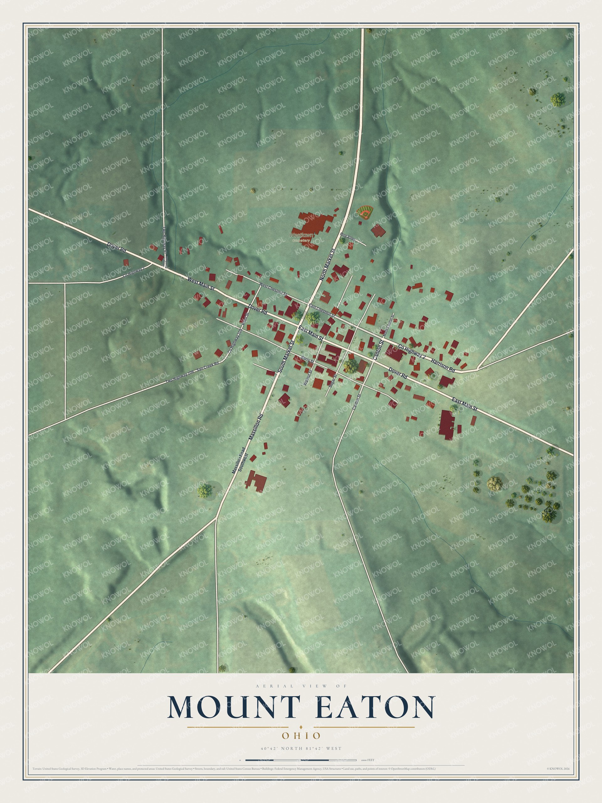 Full map of Mount Eaton, Ohio, with red buildings, printed street names and the land around them
