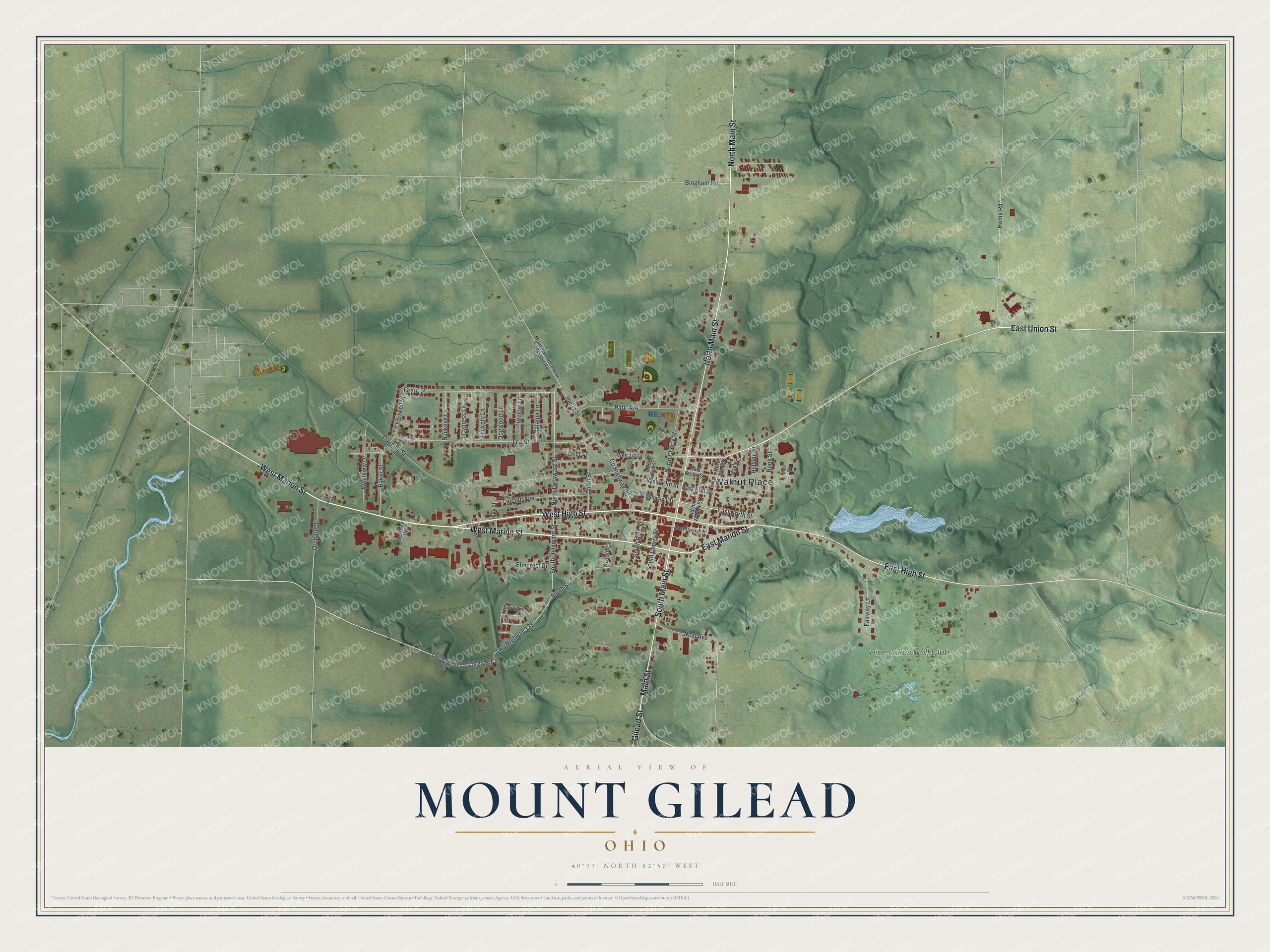 Aerial view map of Mount Gilead, Ohio, with red buildings along Main Street and High Street over green shaded hills and a small blue lake to the east