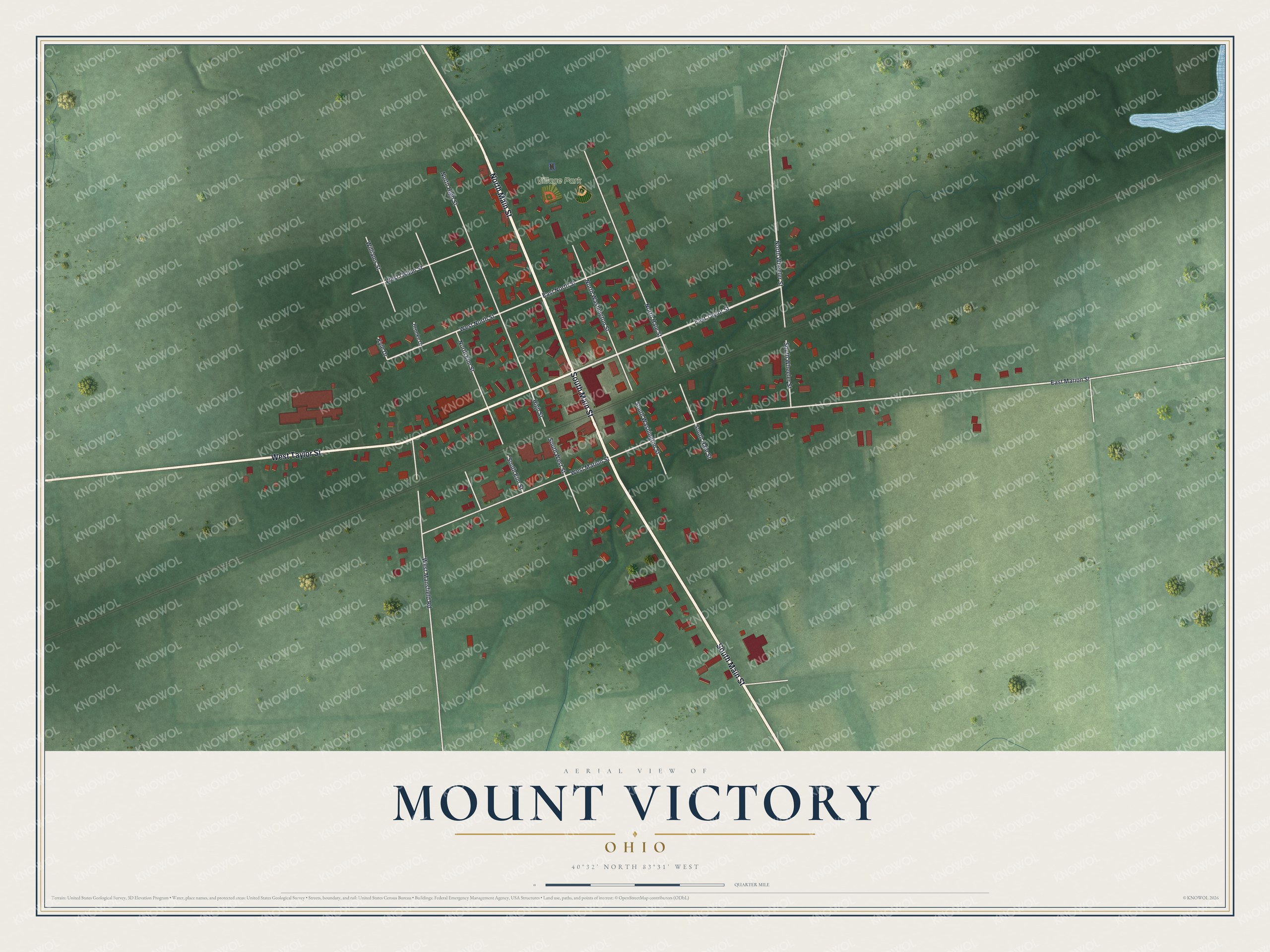 Full map of Mount Victory, Ohio, with red buildings, printed street names and the land around them
