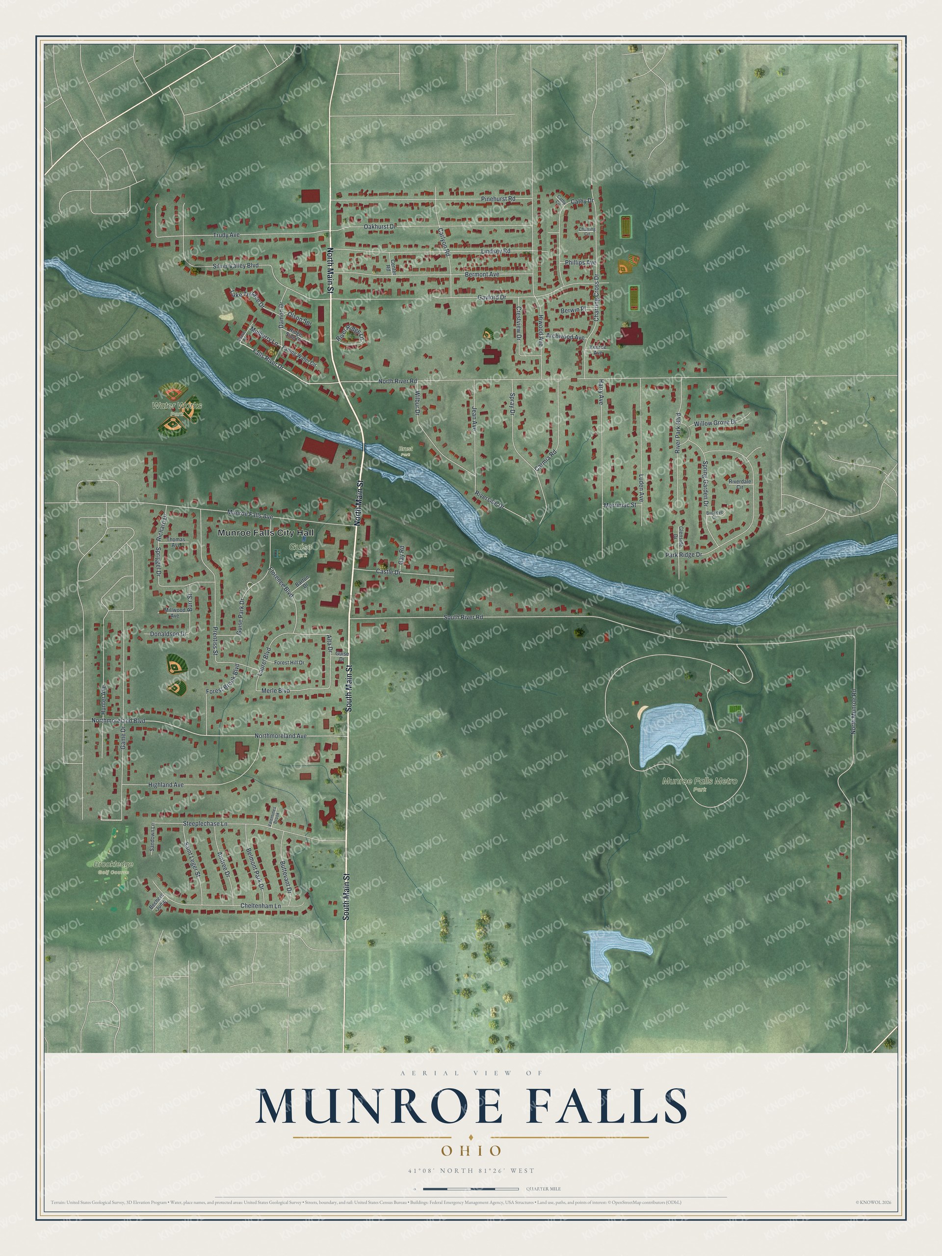 Full map of Munroe Falls, Ohio, with red buildings, printed street names and the land around them