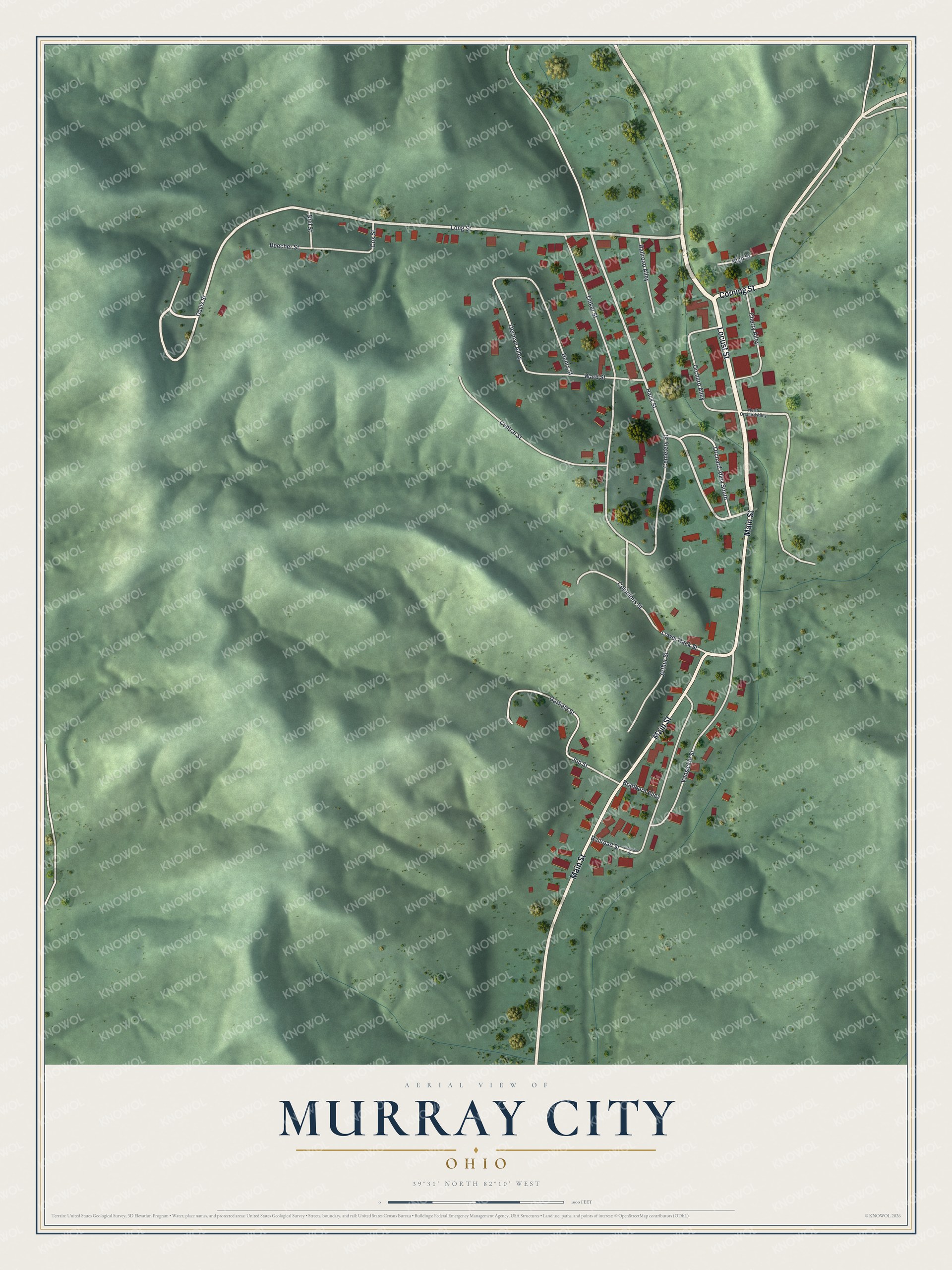 Full map of Murray City, Ohio, with red buildings, printed street names and the land around them