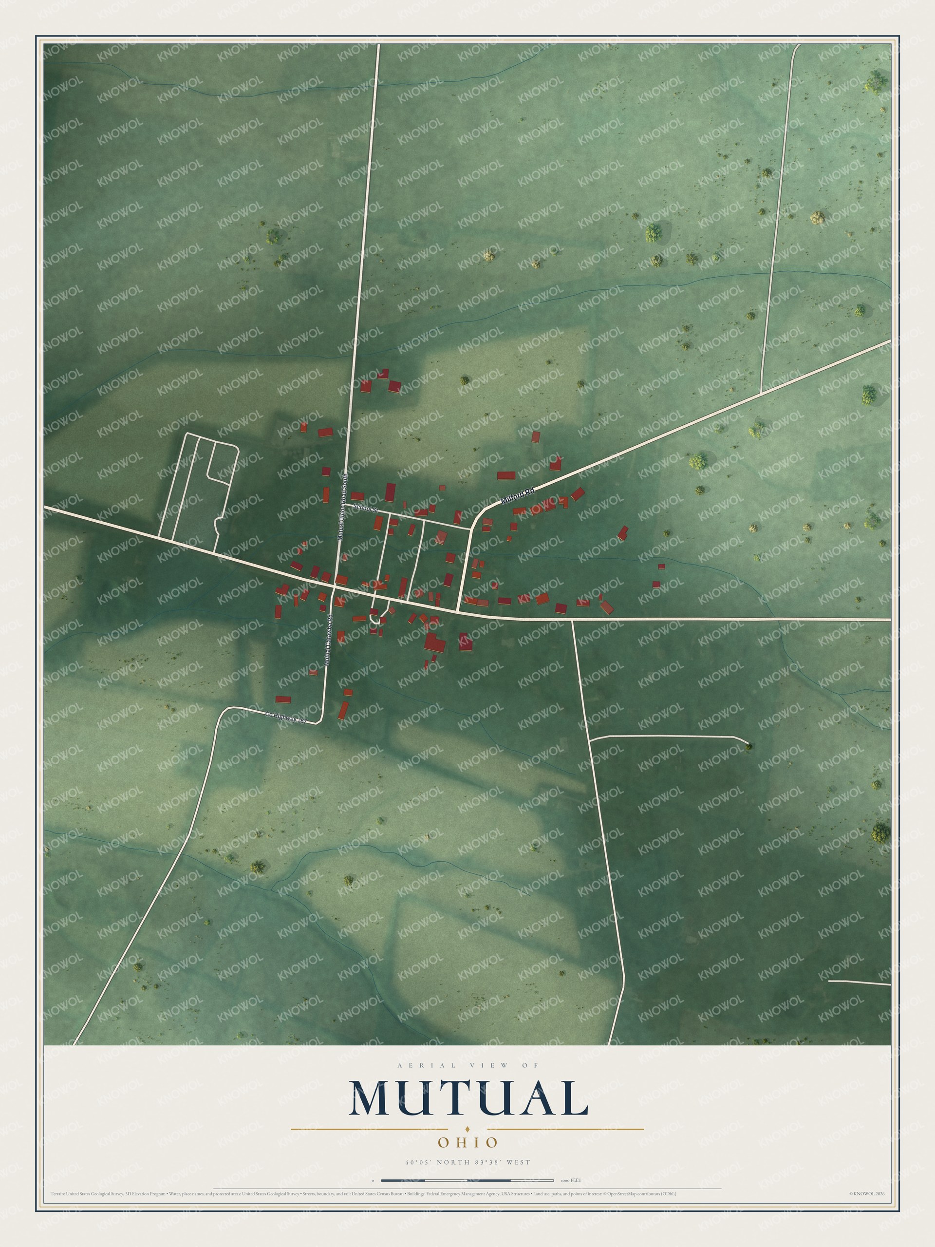 Full map of Mutual, Ohio, with red buildings, printed street names and the land around them