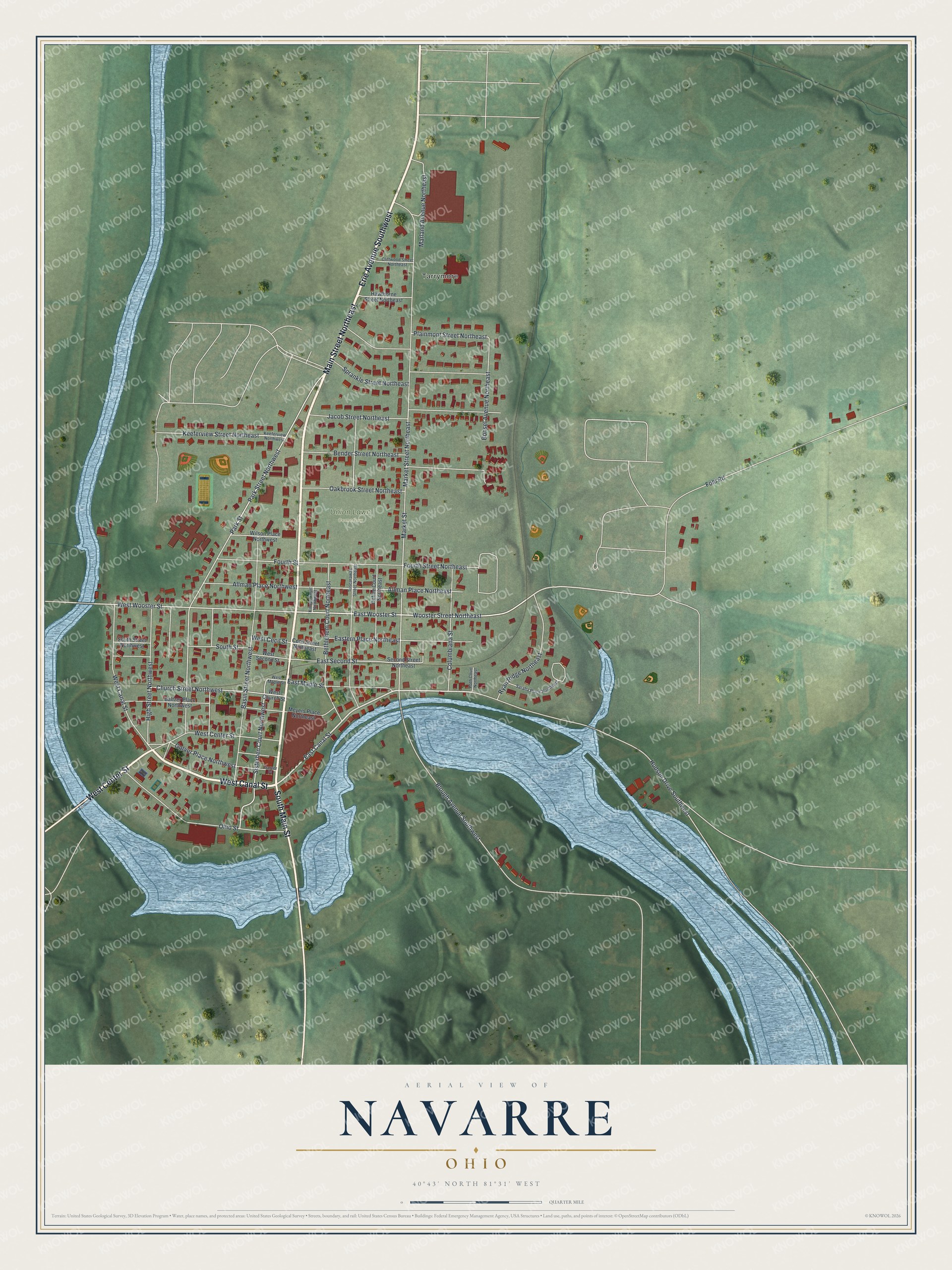 Full map of Navarre, Ohio, with red buildings, printed street names and the land around them