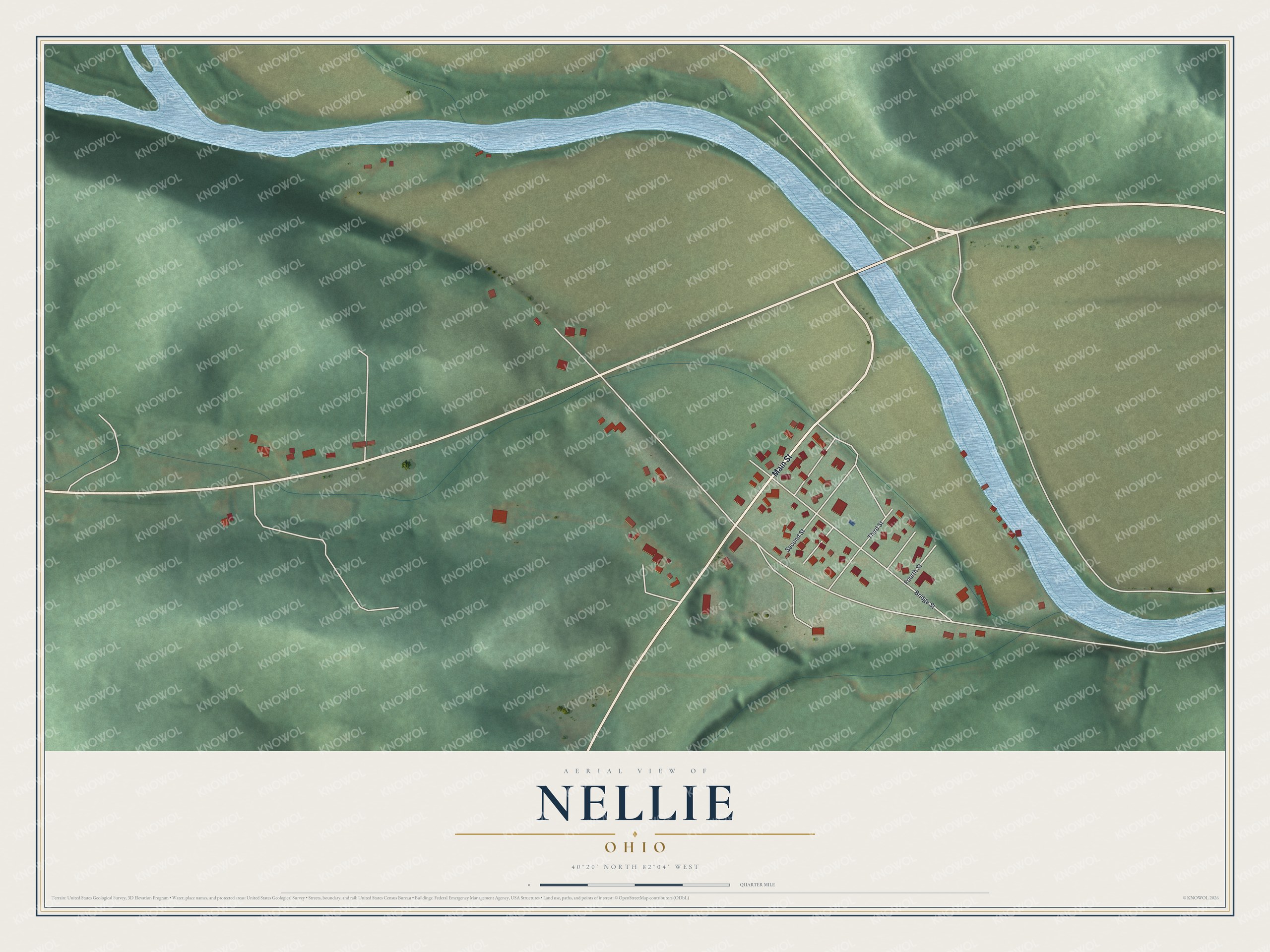 Full map of Nellie, Ohio, with red buildings, printed street names and the land around them