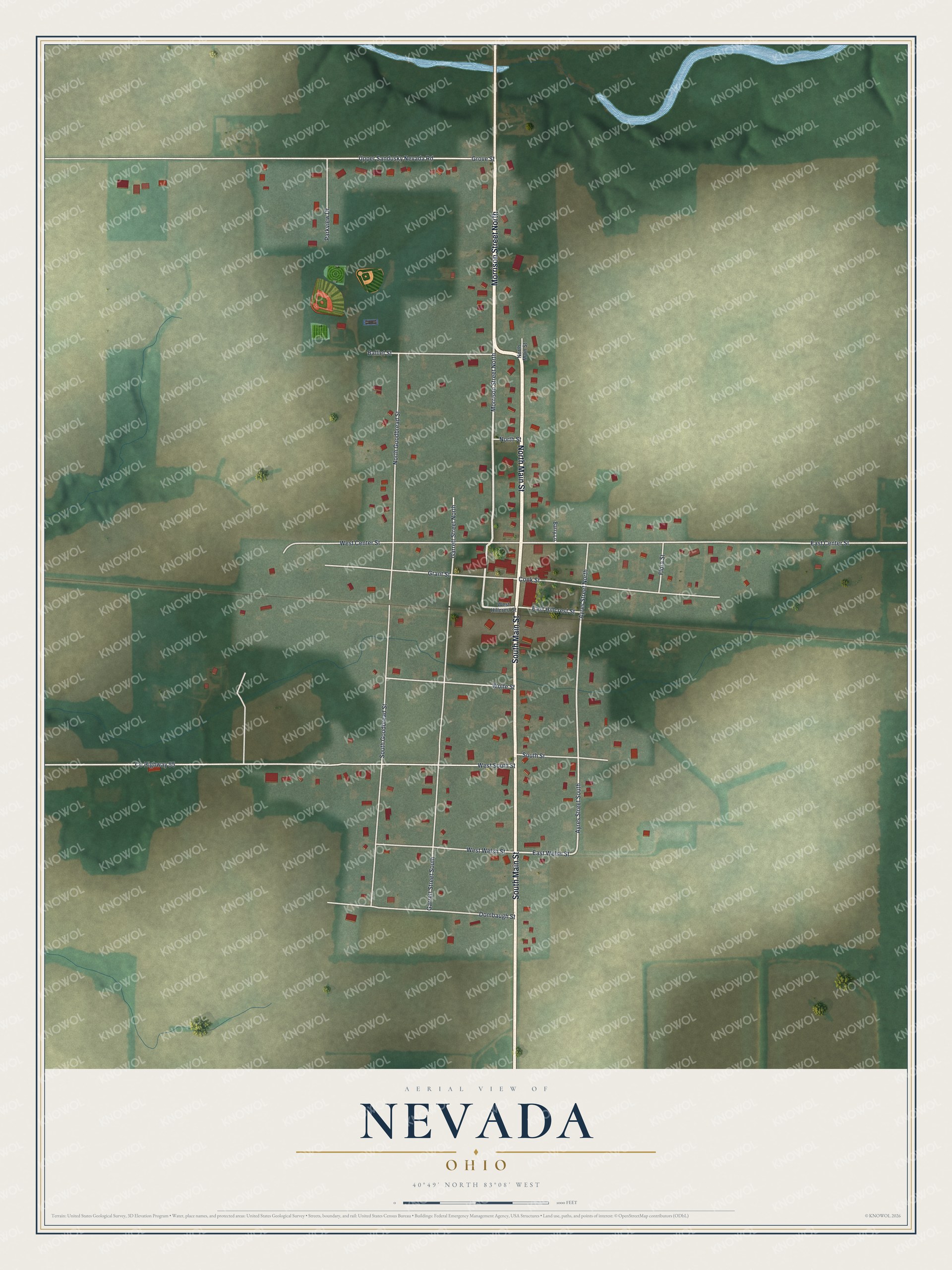 Full map of Nevada, Ohio, with red buildings, printed street names and the land around them
