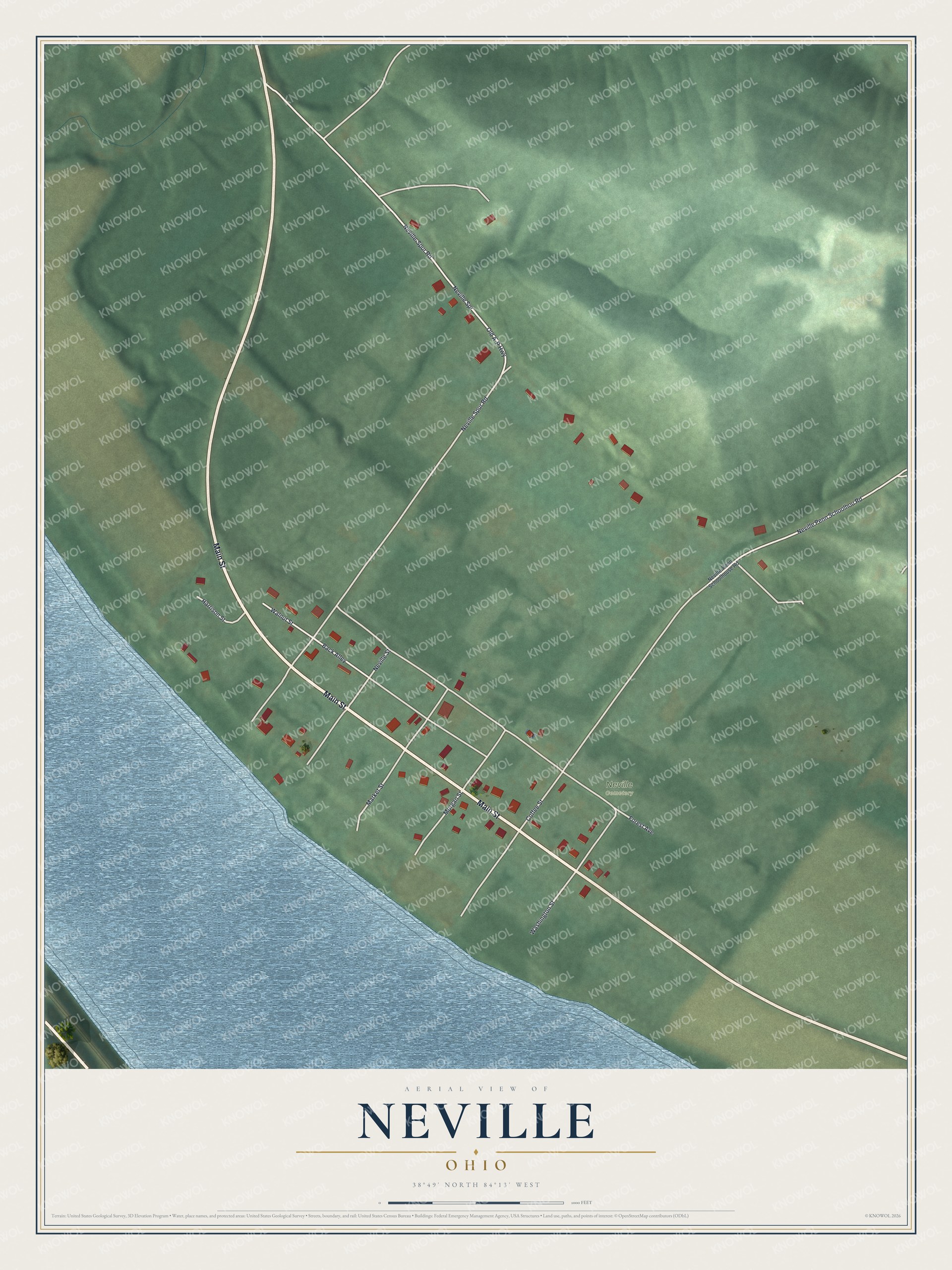 Full map of Neville, Ohio, with red buildings, printed street names and the land around them