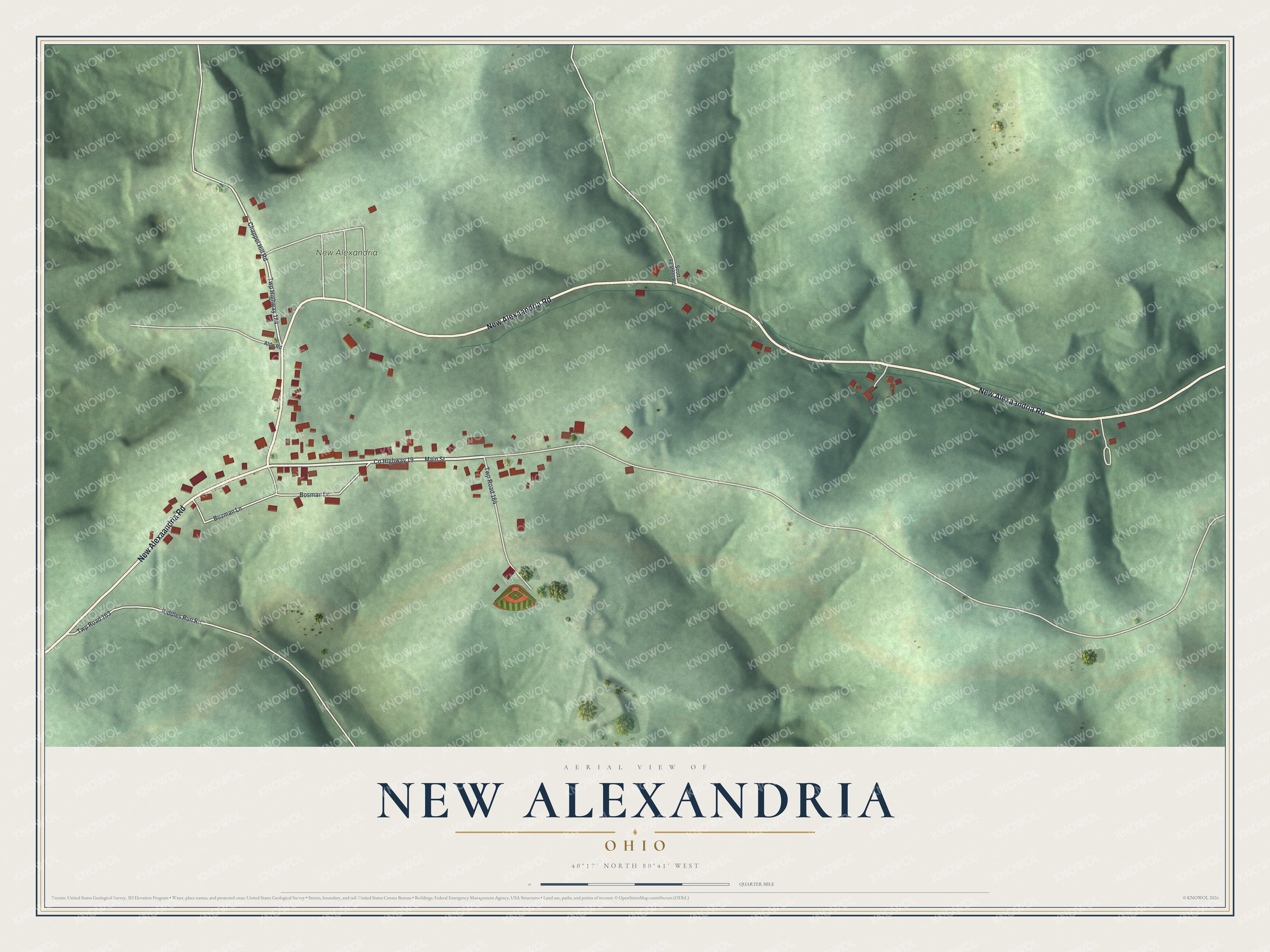 Full map of New Alexandria, Ohio, with red buildings, printed street names and the land around them