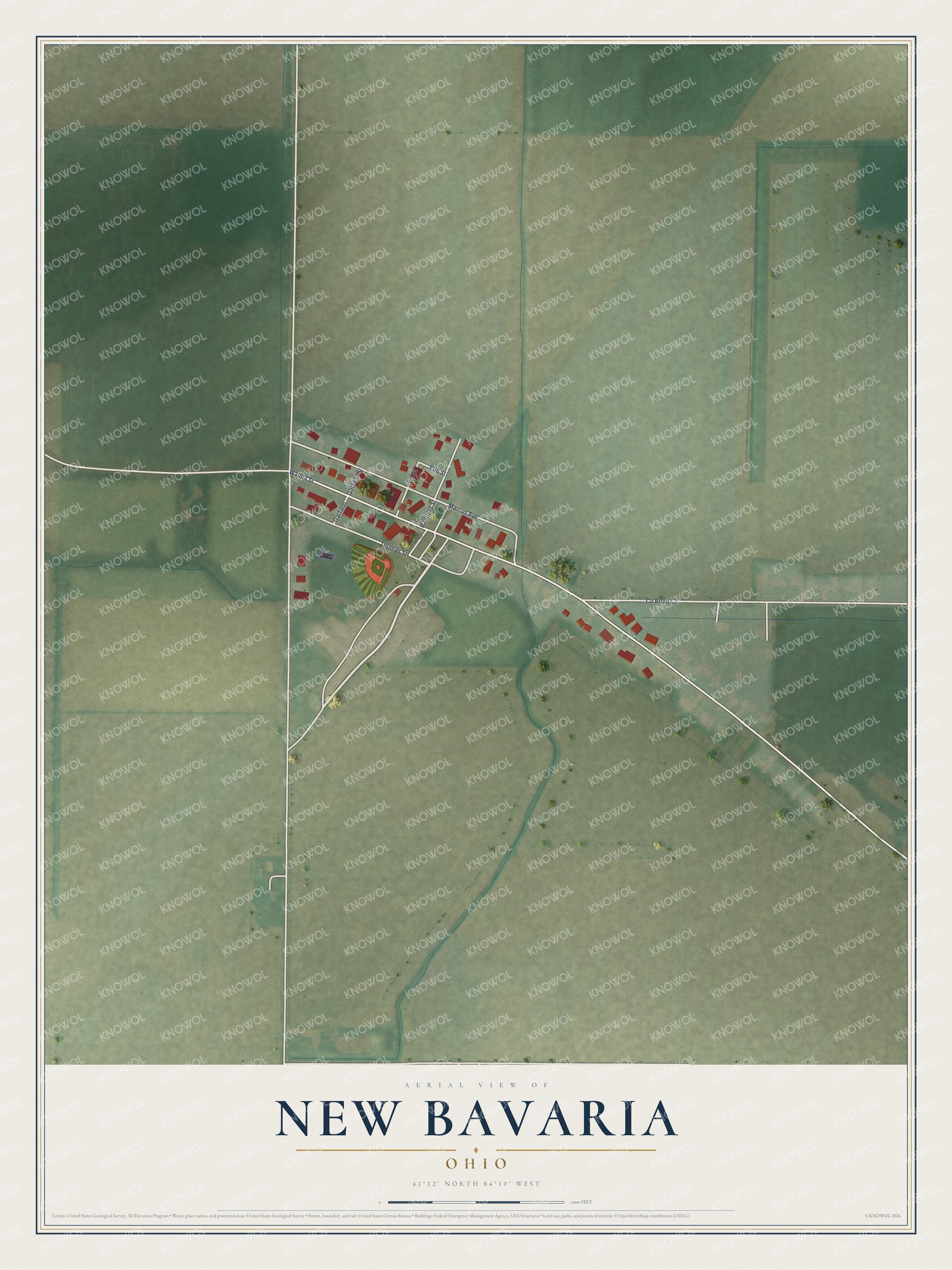 Full map of New Bavaria, Ohio, with red buildings, printed street names and the land around them
