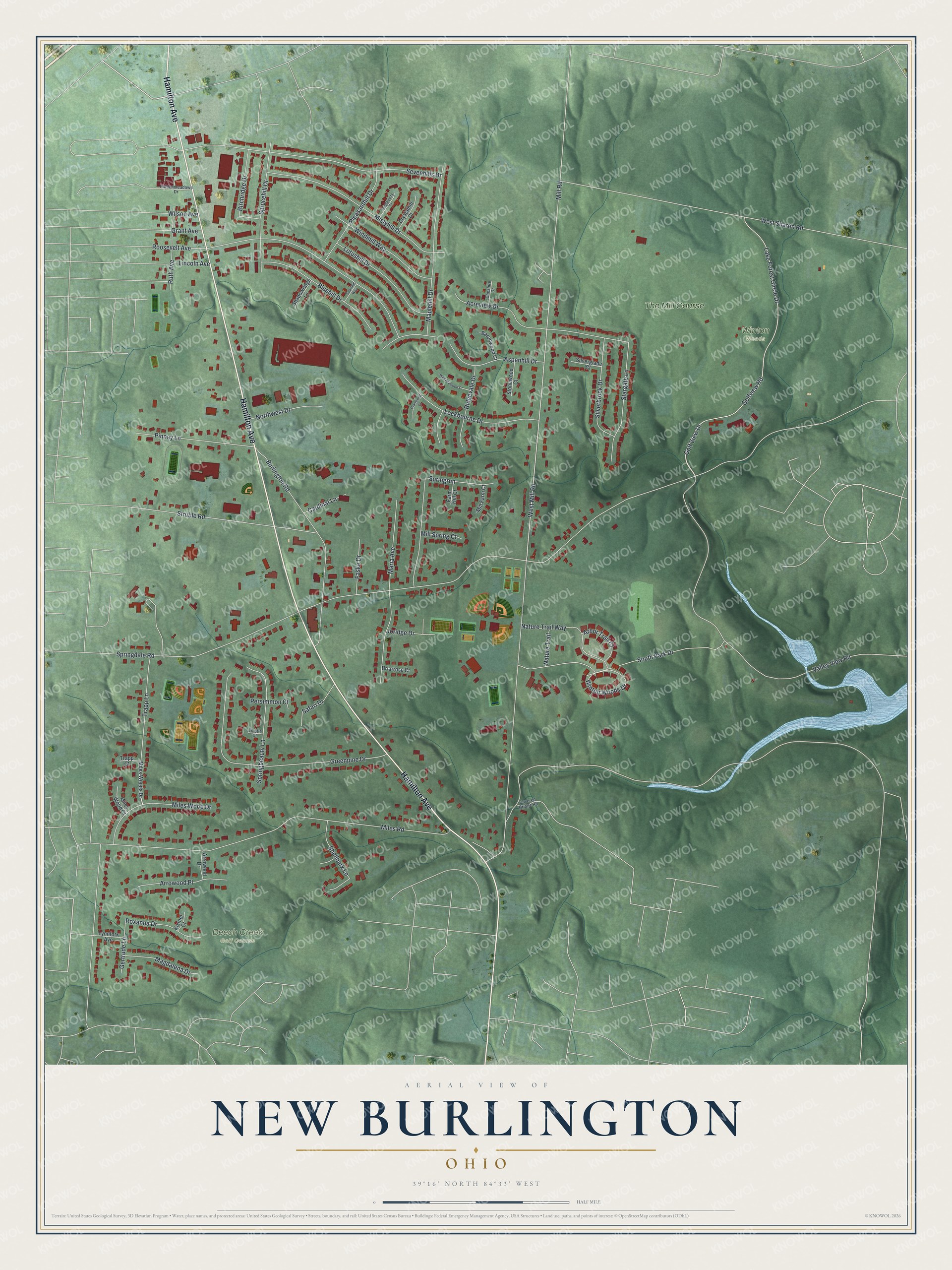 Full map of New Burlington, Ohio, with red buildings, printed street names and the land around them