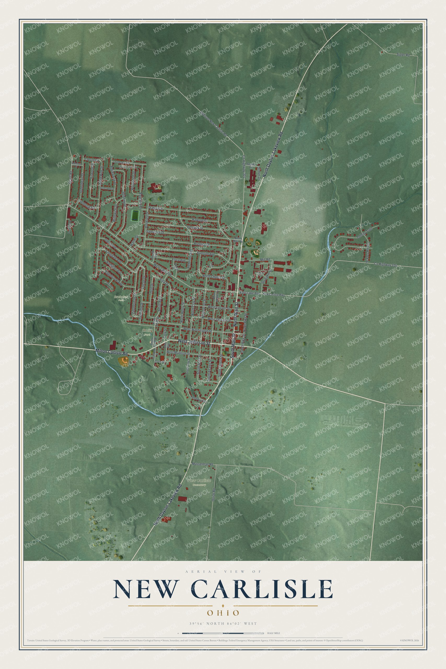 Full map of New Carlisle, Ohio, with red buildings, printed street names and the land around them