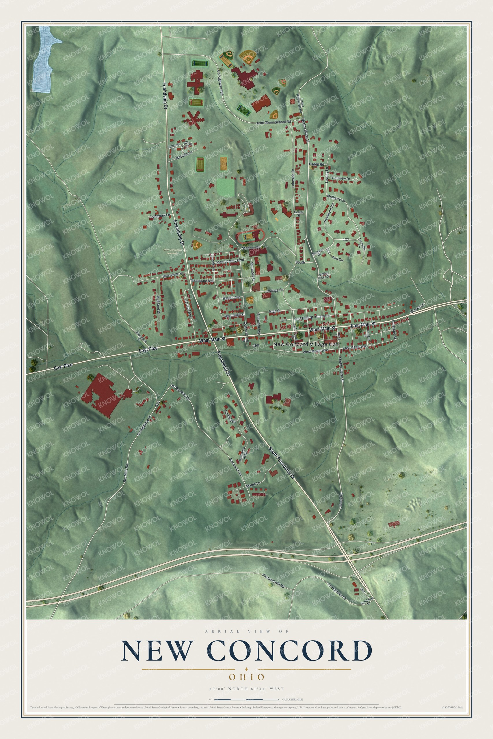 Aerial map of New Concord, Ohio with red buildings along West Main Street among shaded green hills and a cream title panel