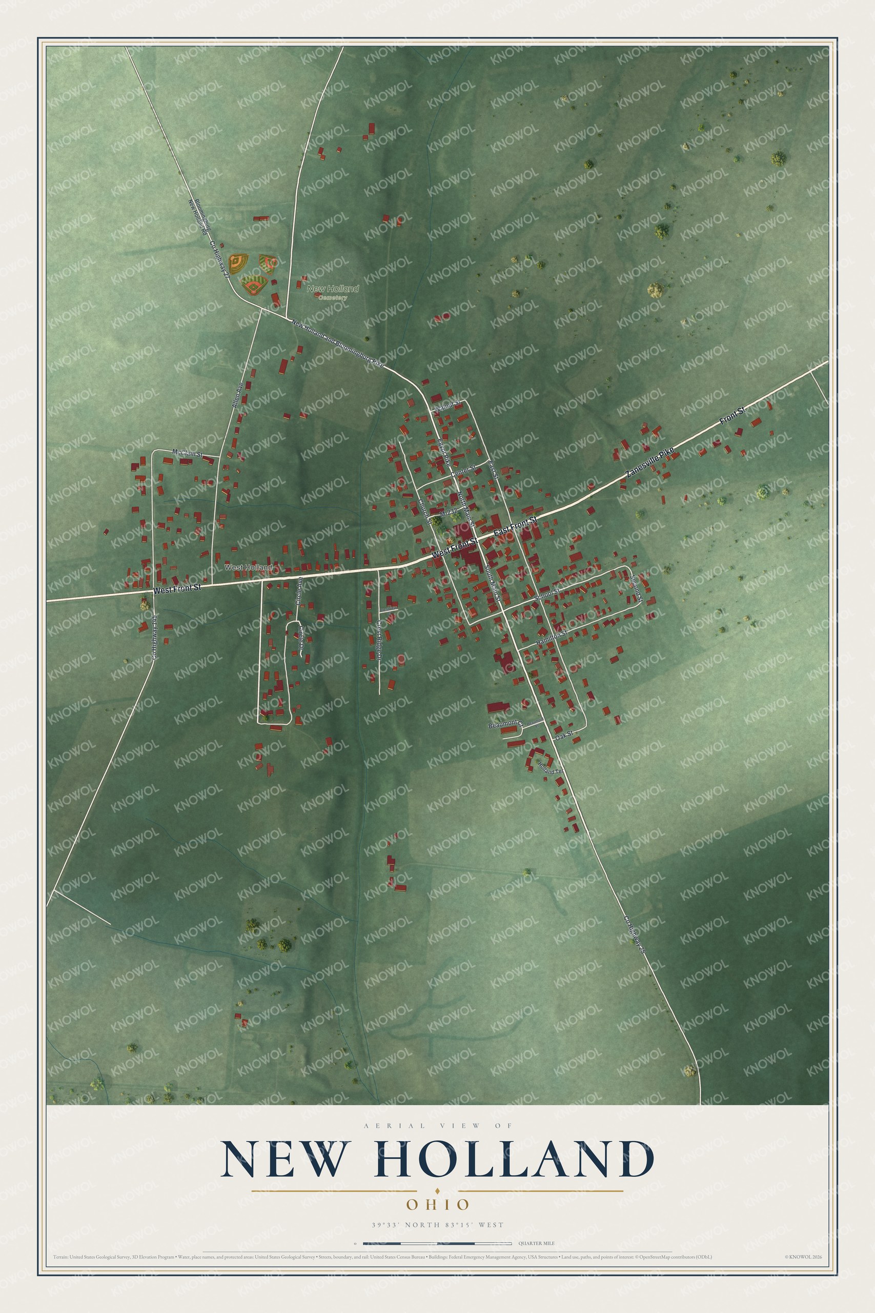Full map of New Holland, Ohio, with red buildings, printed street names and the land around them
