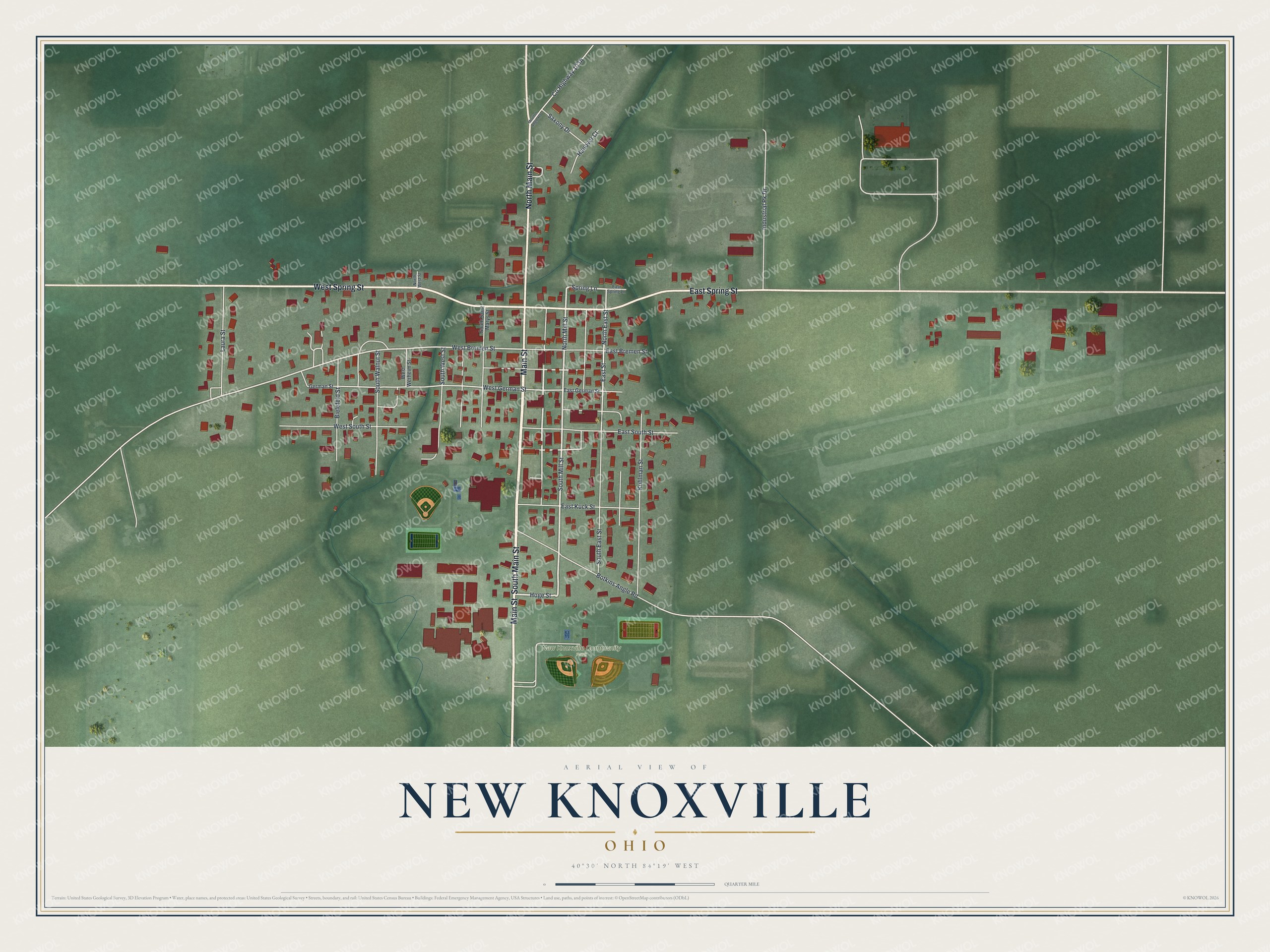 Full map of New Knoxville, Ohio, with red buildings, printed street names and the land around them