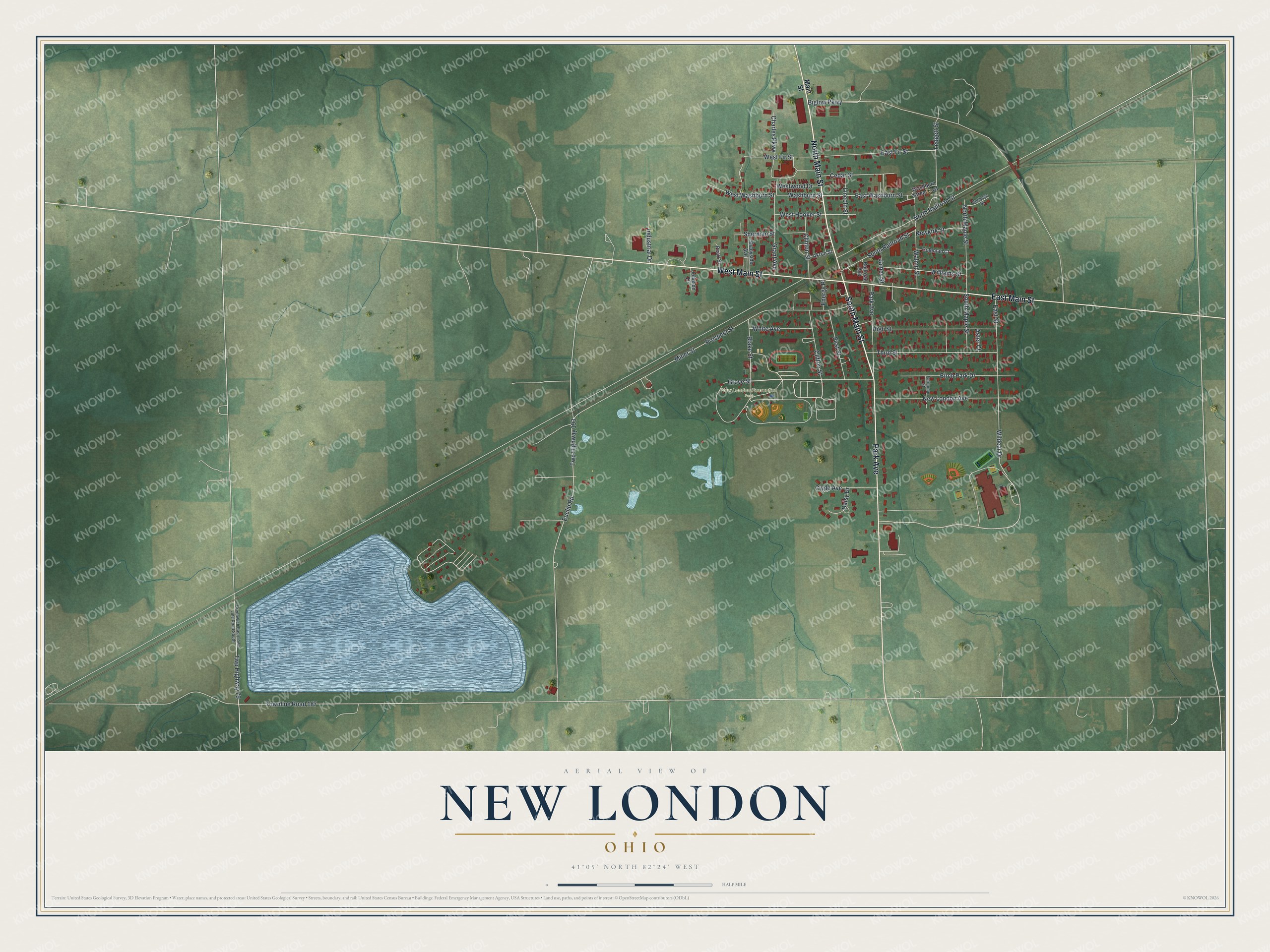 Full map of New London, Ohio, with red buildings, printed street names and the land around them