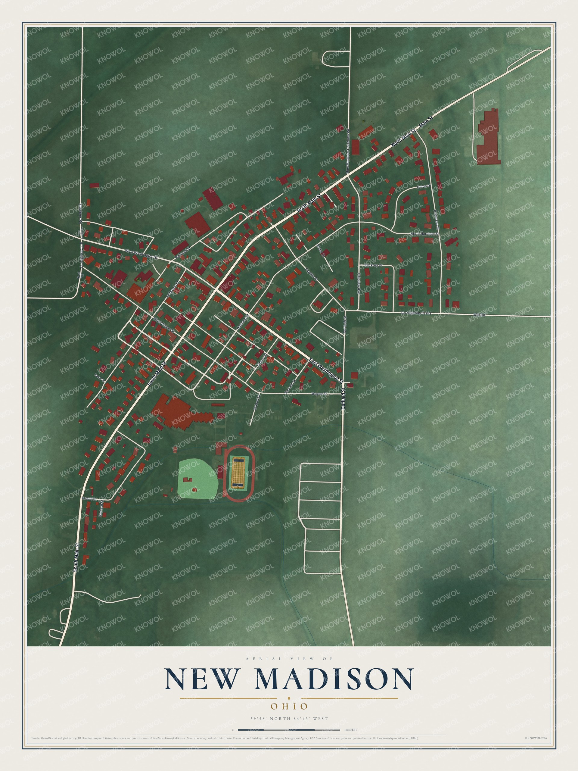 Full map of New Madison, Ohio, with red buildings, printed street names and the land around them