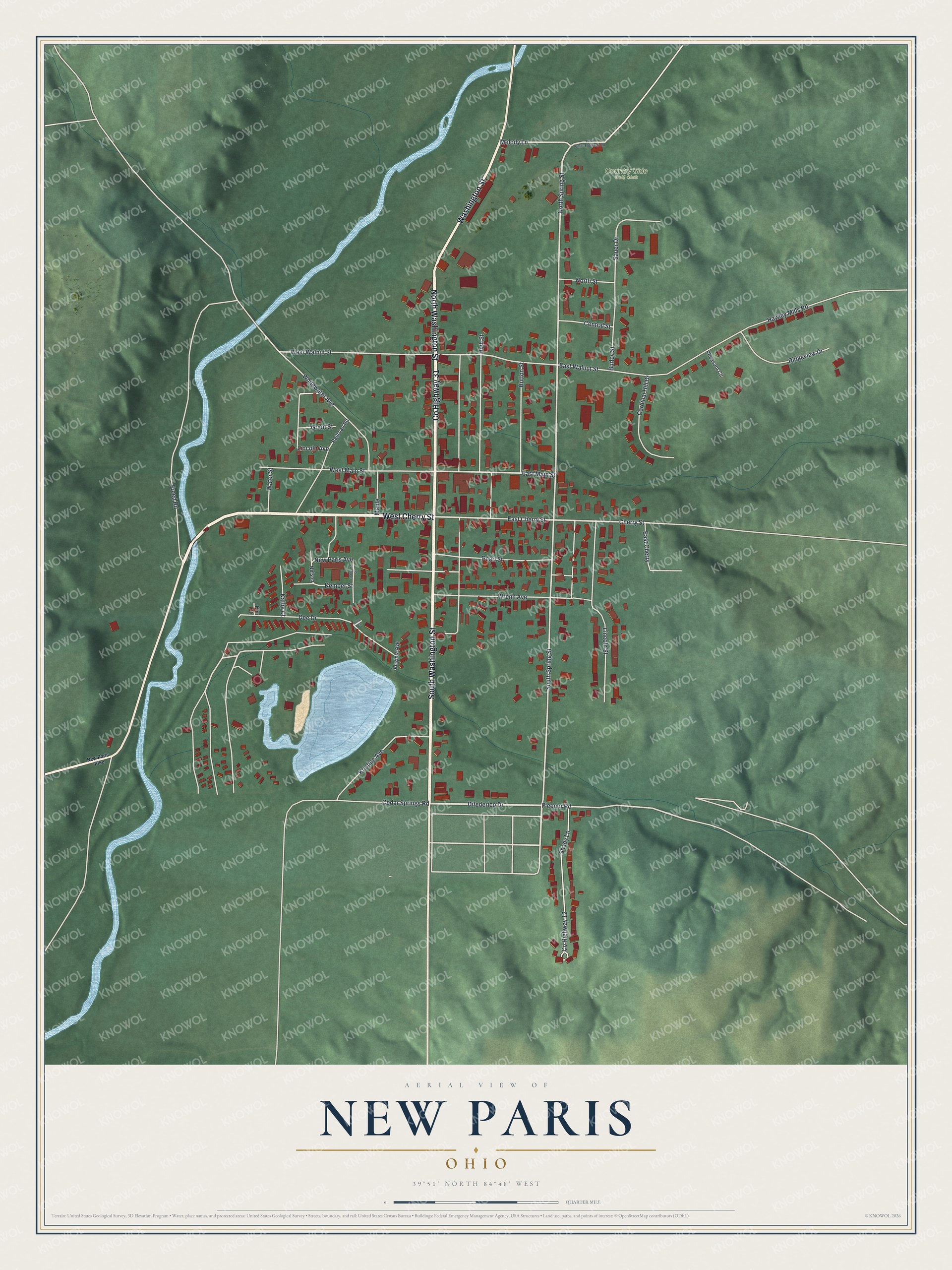Full map of New Paris, Ohio, with red buildings, printed street names and the land around them