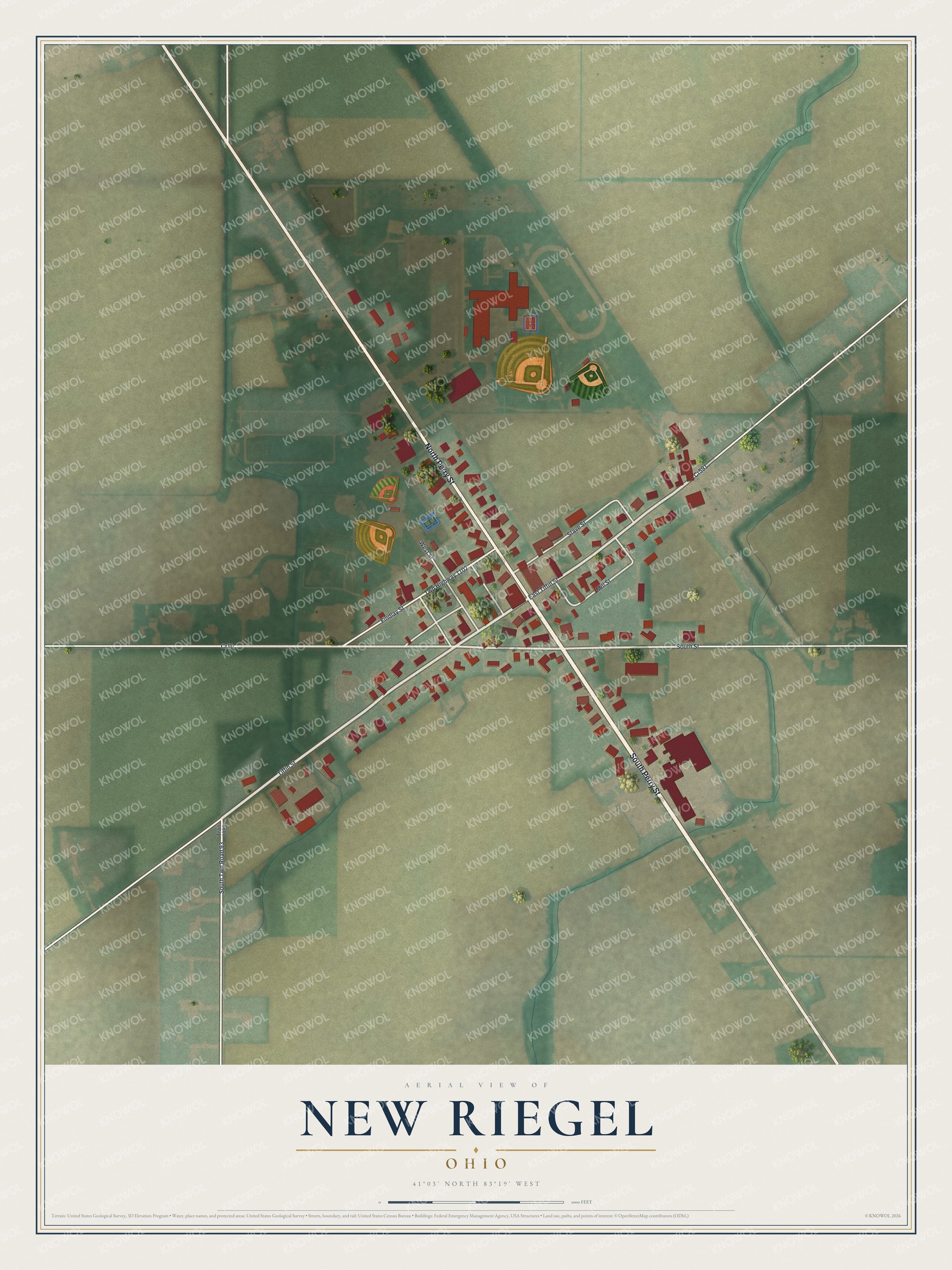 Full map of New Riegel, Ohio, with red buildings, printed street names and the land around them