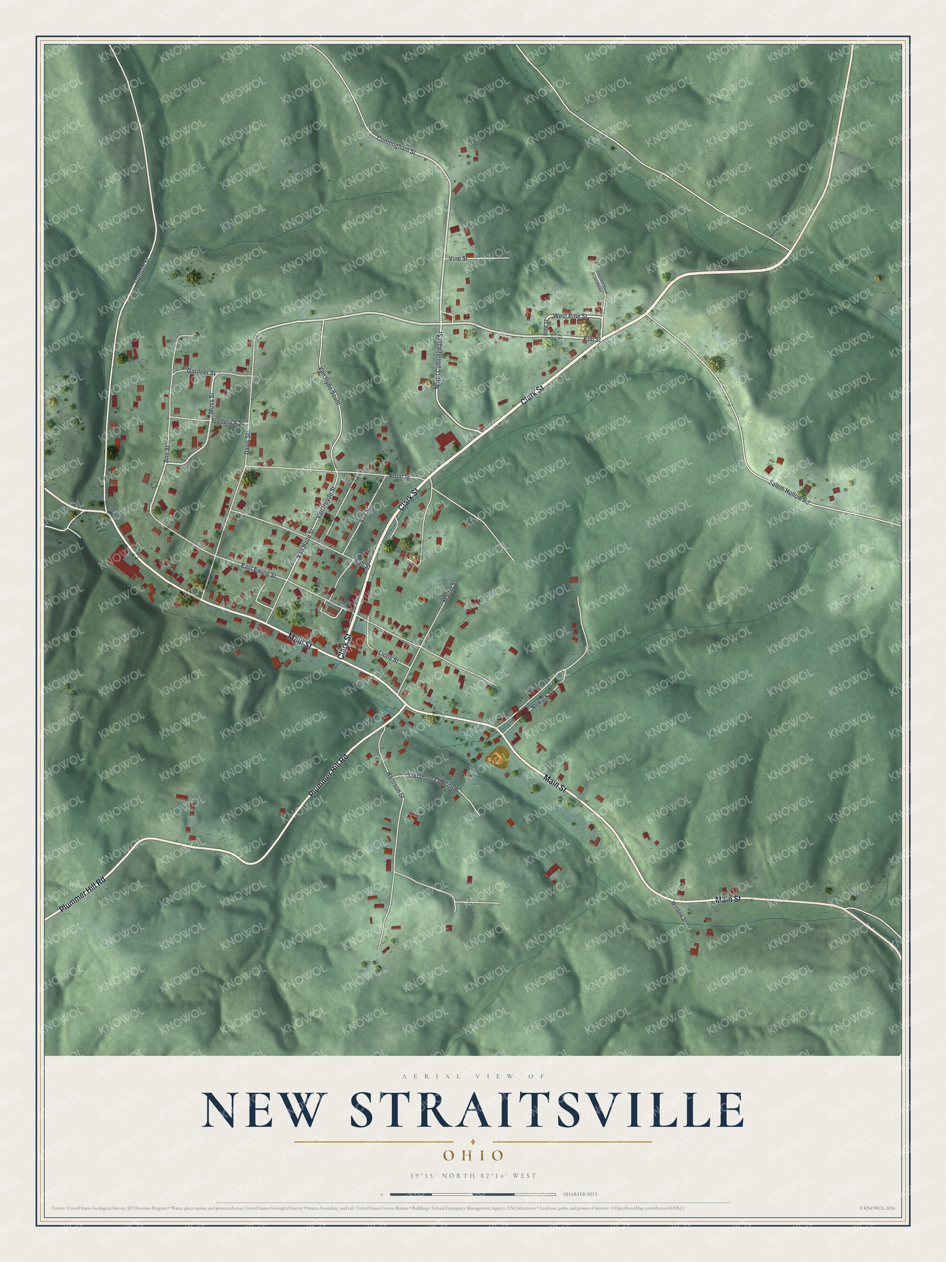 Aerial-style map of New Straitsville, Ohio with green shaded hills, pale roads and red buildings around Main Street and Clark Street