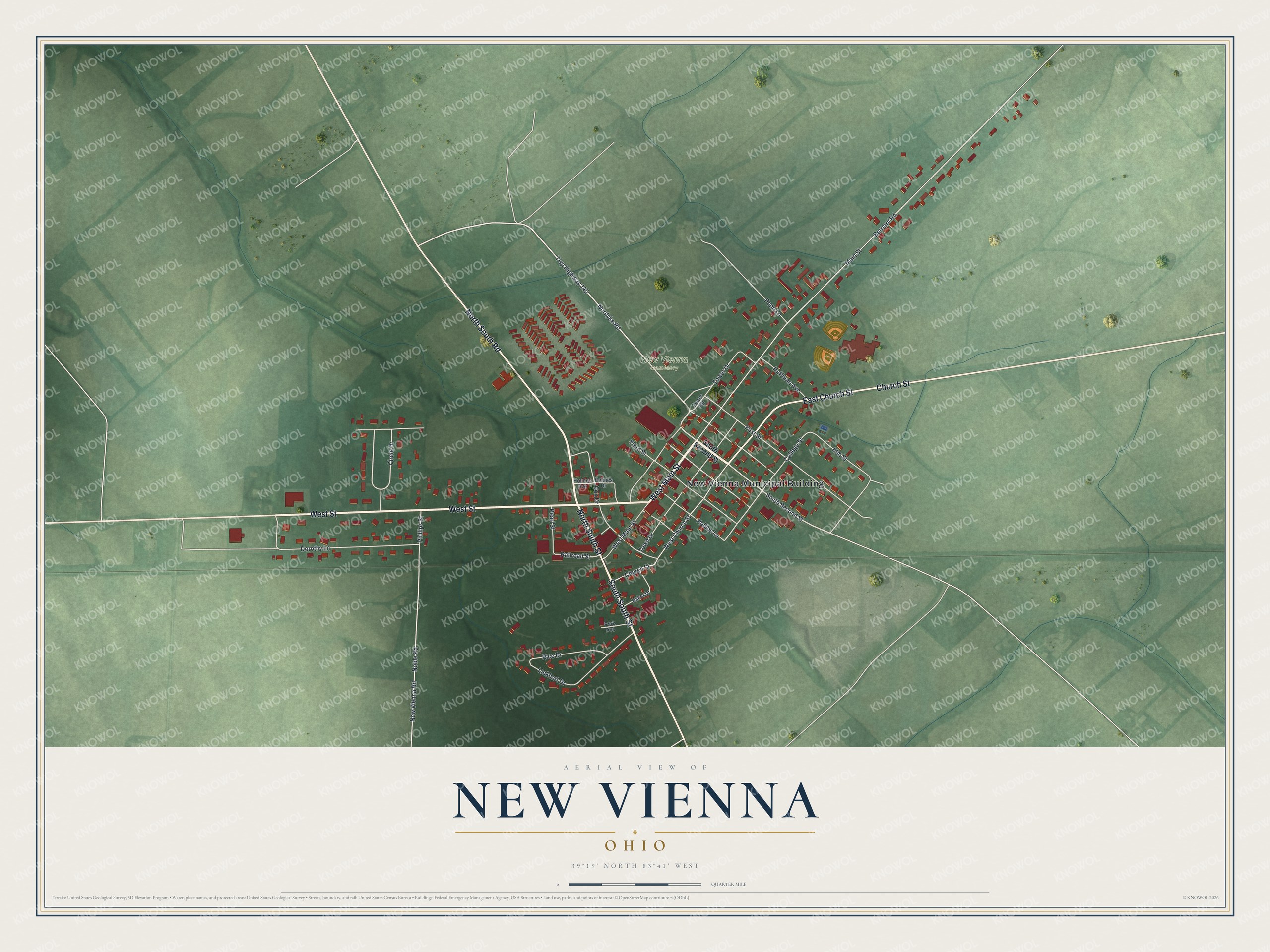 Full map of New Vienna, Ohio, with red buildings, printed street names and the land around them
