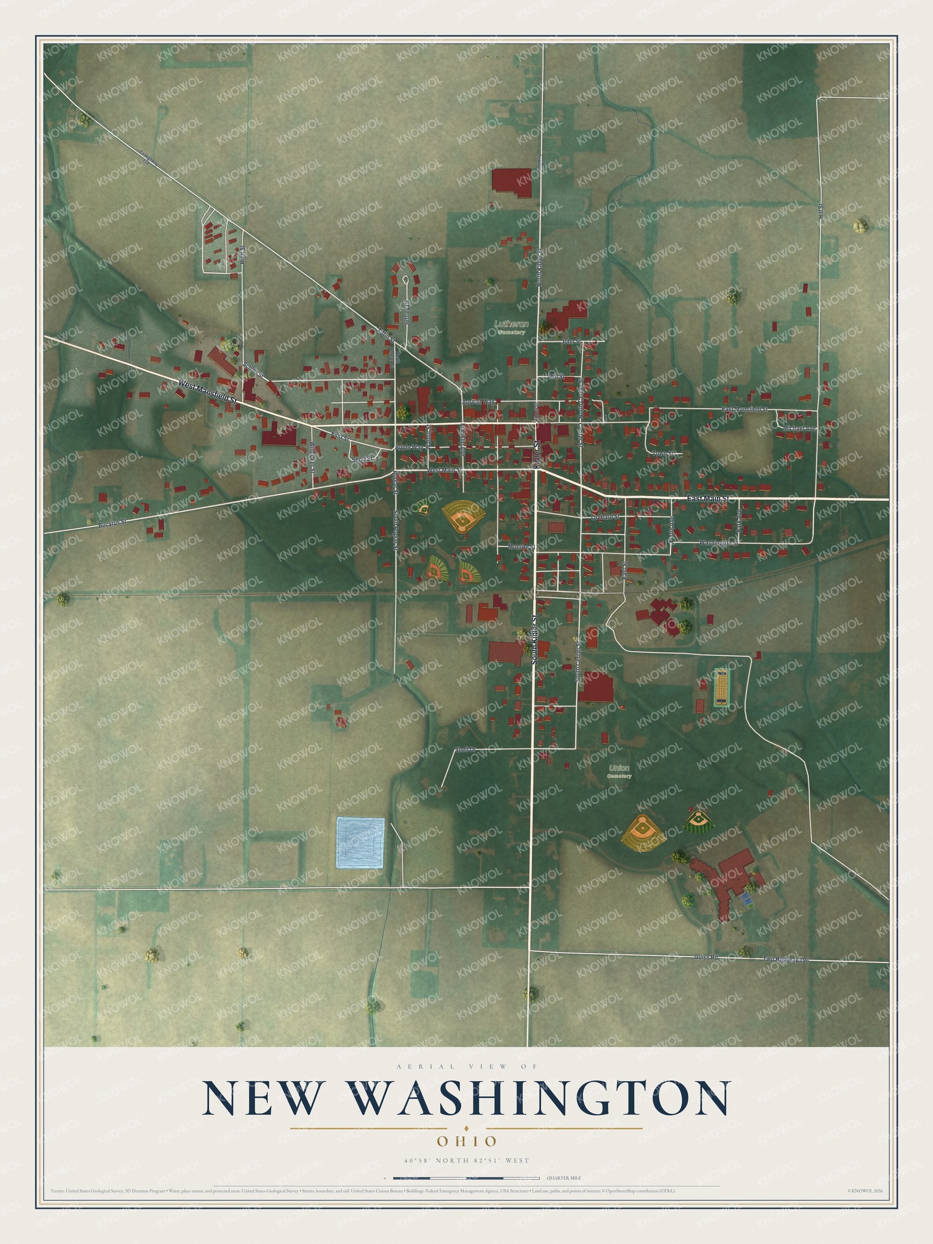 Full map of New Washington, Ohio, with red buildings, printed street names and the land around them