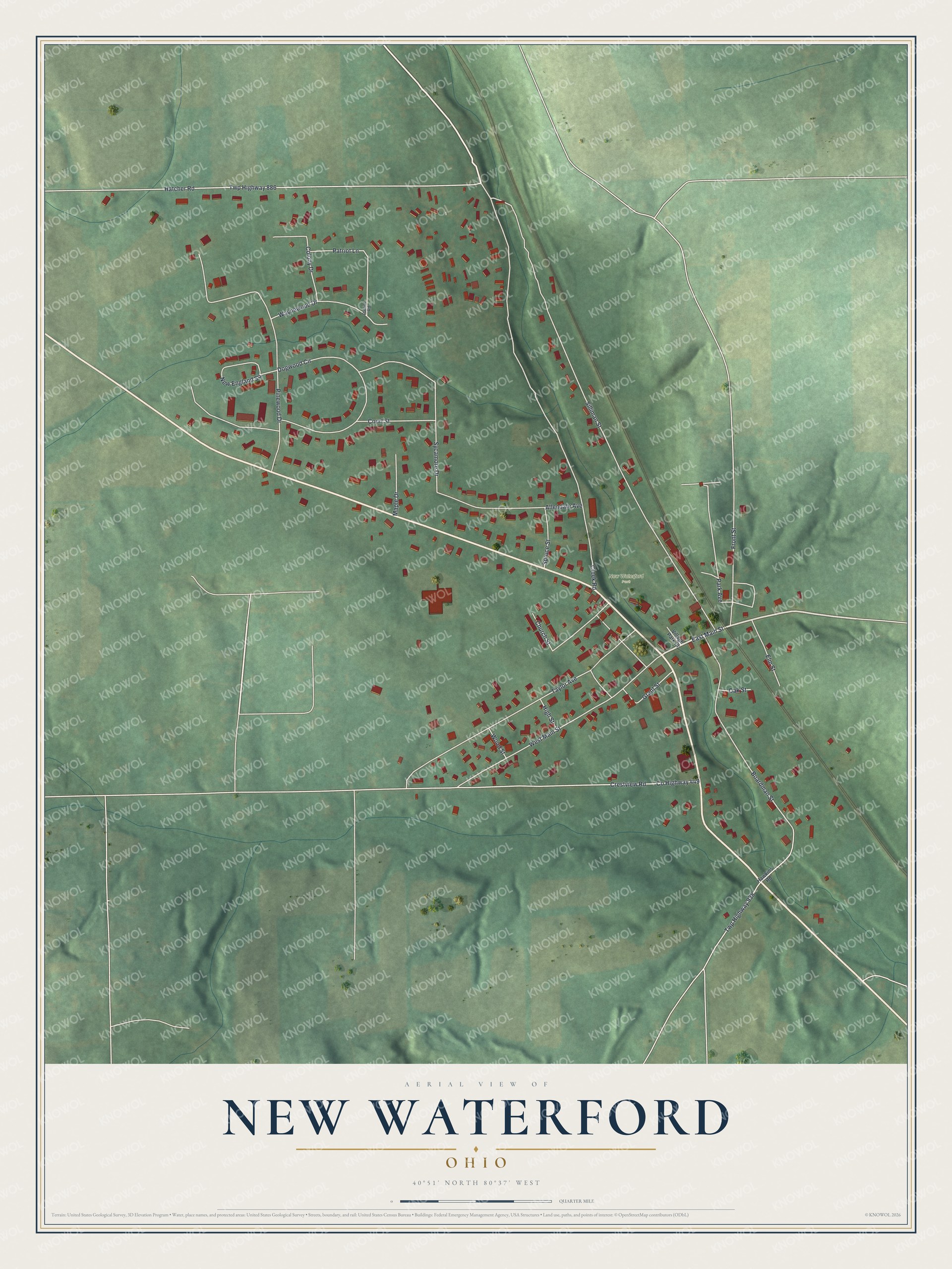 Full map of New Waterford, Ohio, with red buildings, printed street names and the land around them