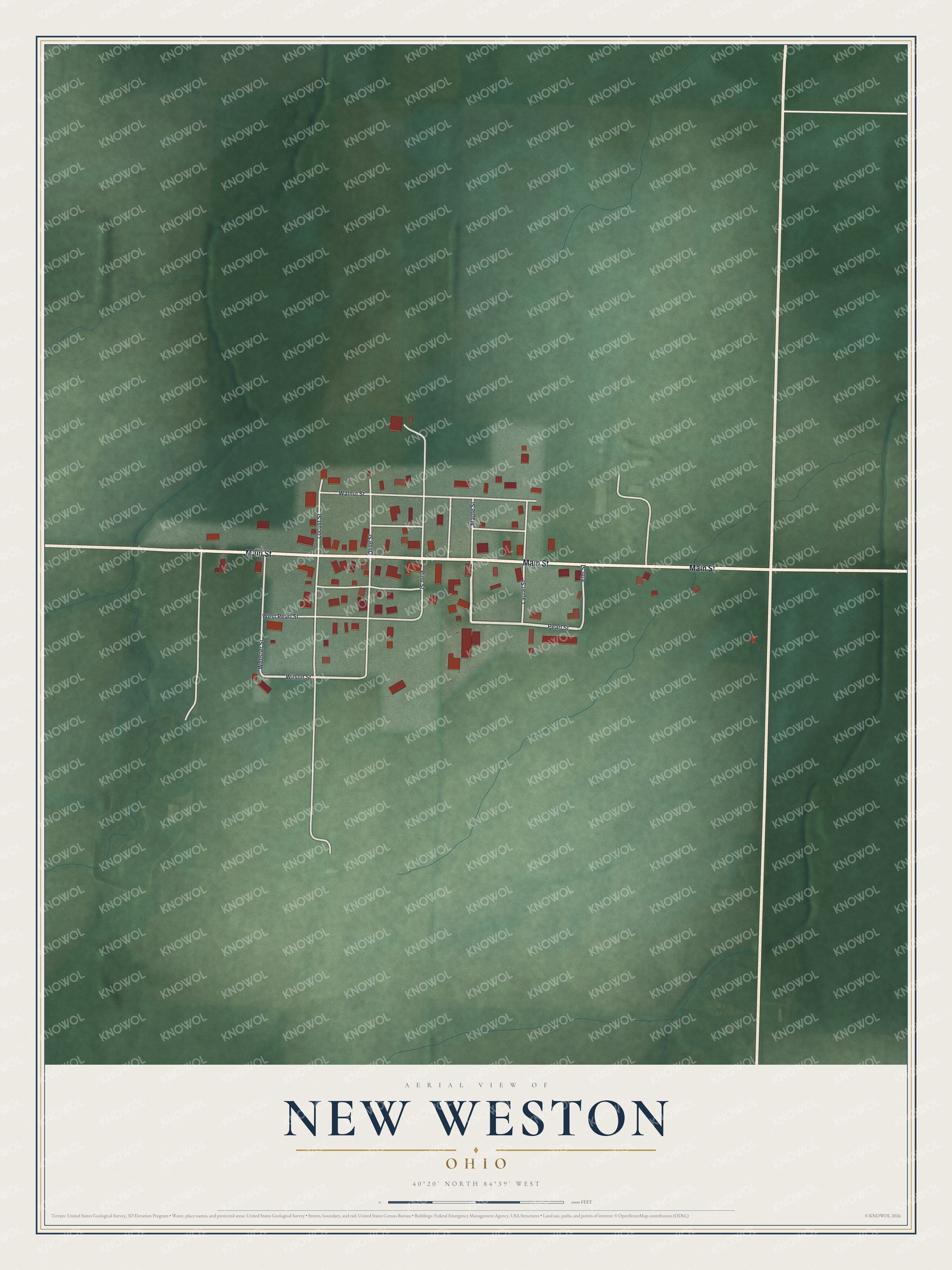 Full map of New Weston, Ohio, with red buildings, printed street names and the land around them