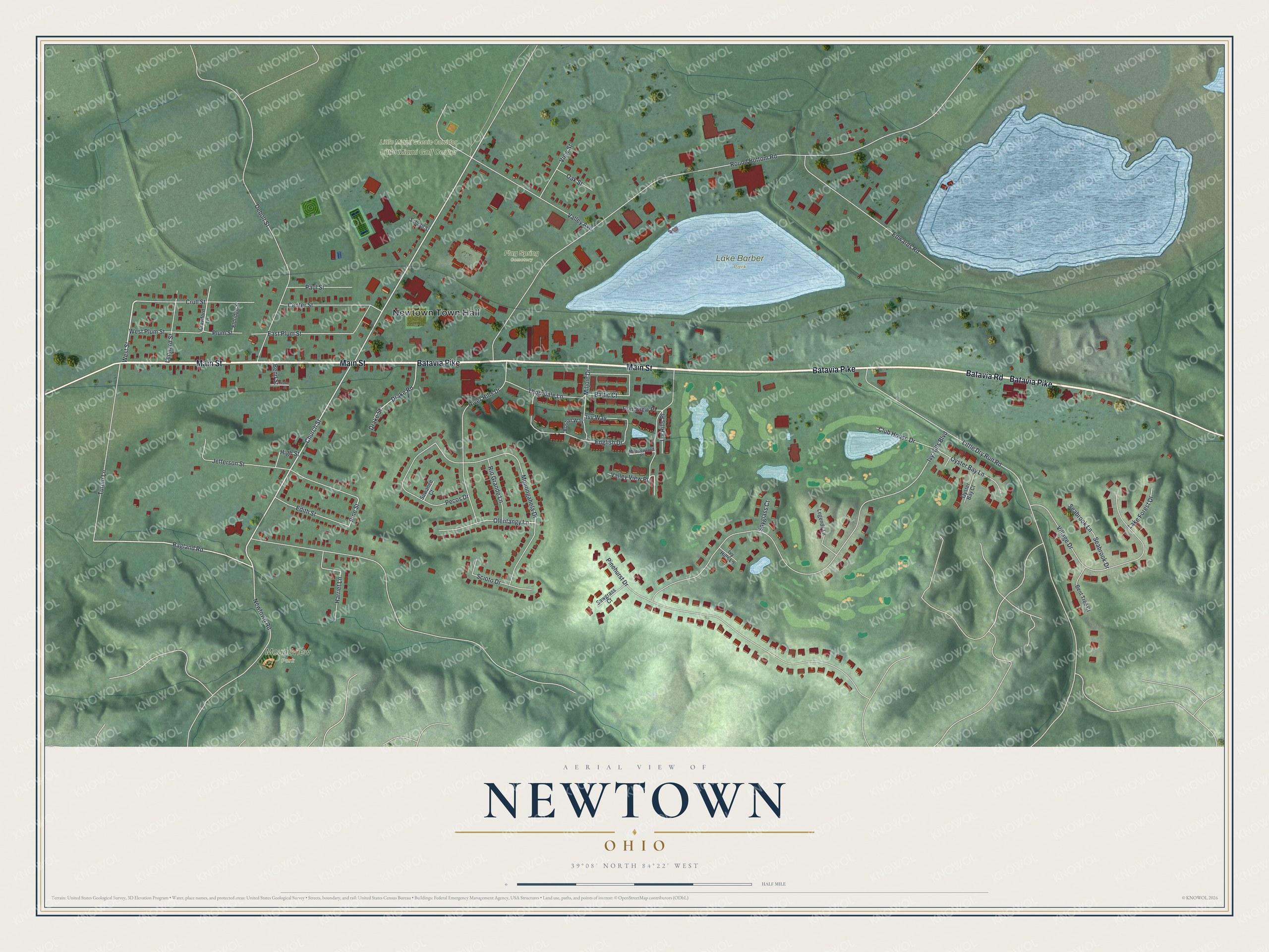 Full map of Newtown, Ohio, with red buildings, printed street names and the land around them