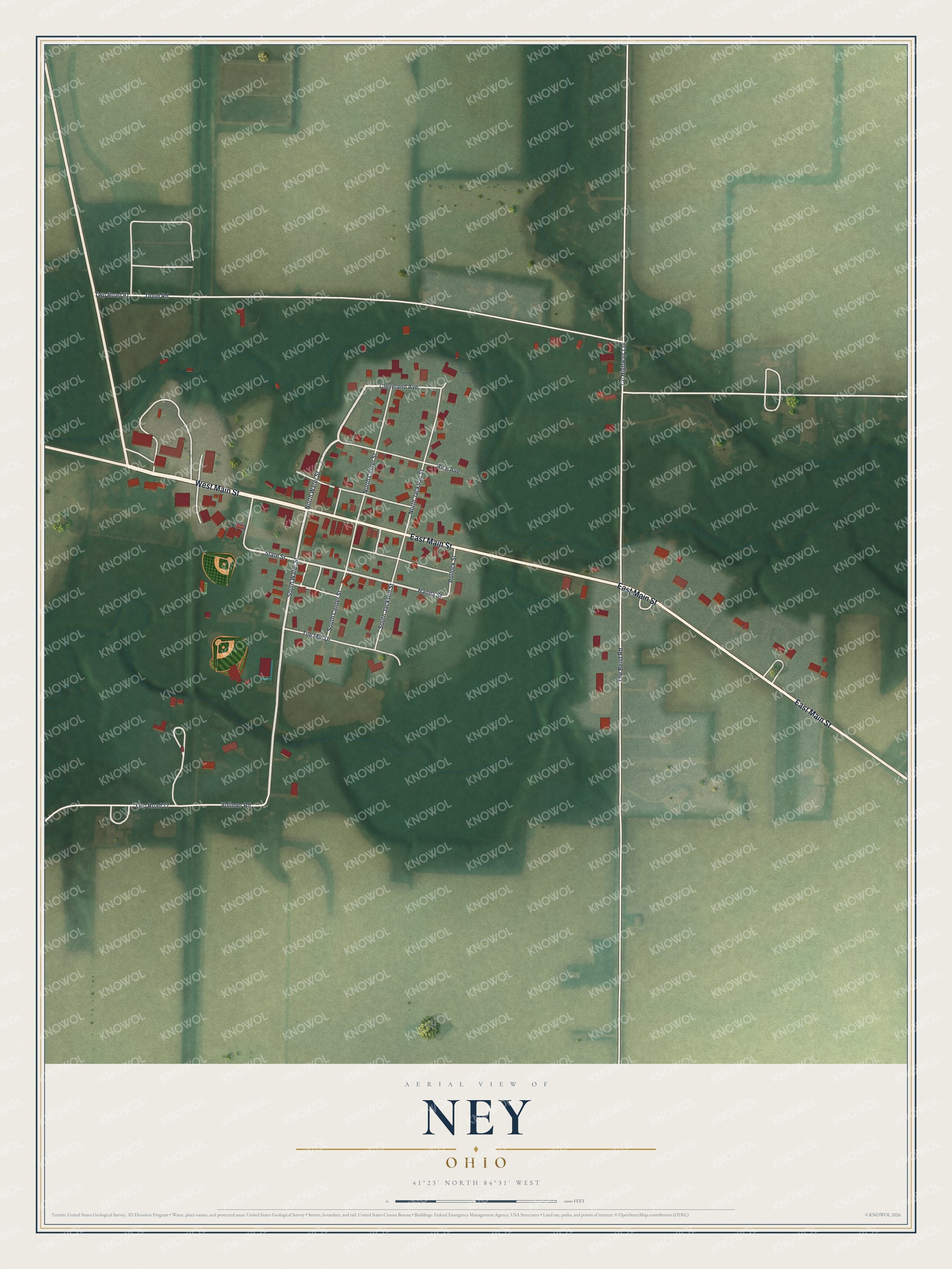 Full map of Ney, Ohio, with red buildings, printed street names and the land around them