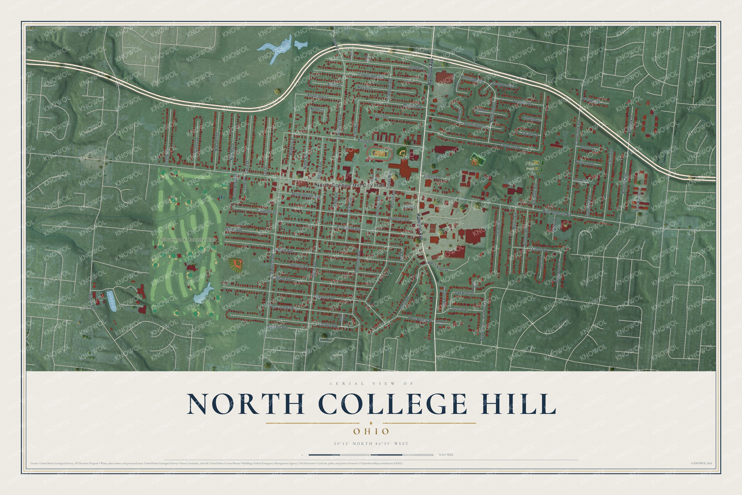 Full map of North College Hill, Ohio, with red buildings, printed street names and the land around them