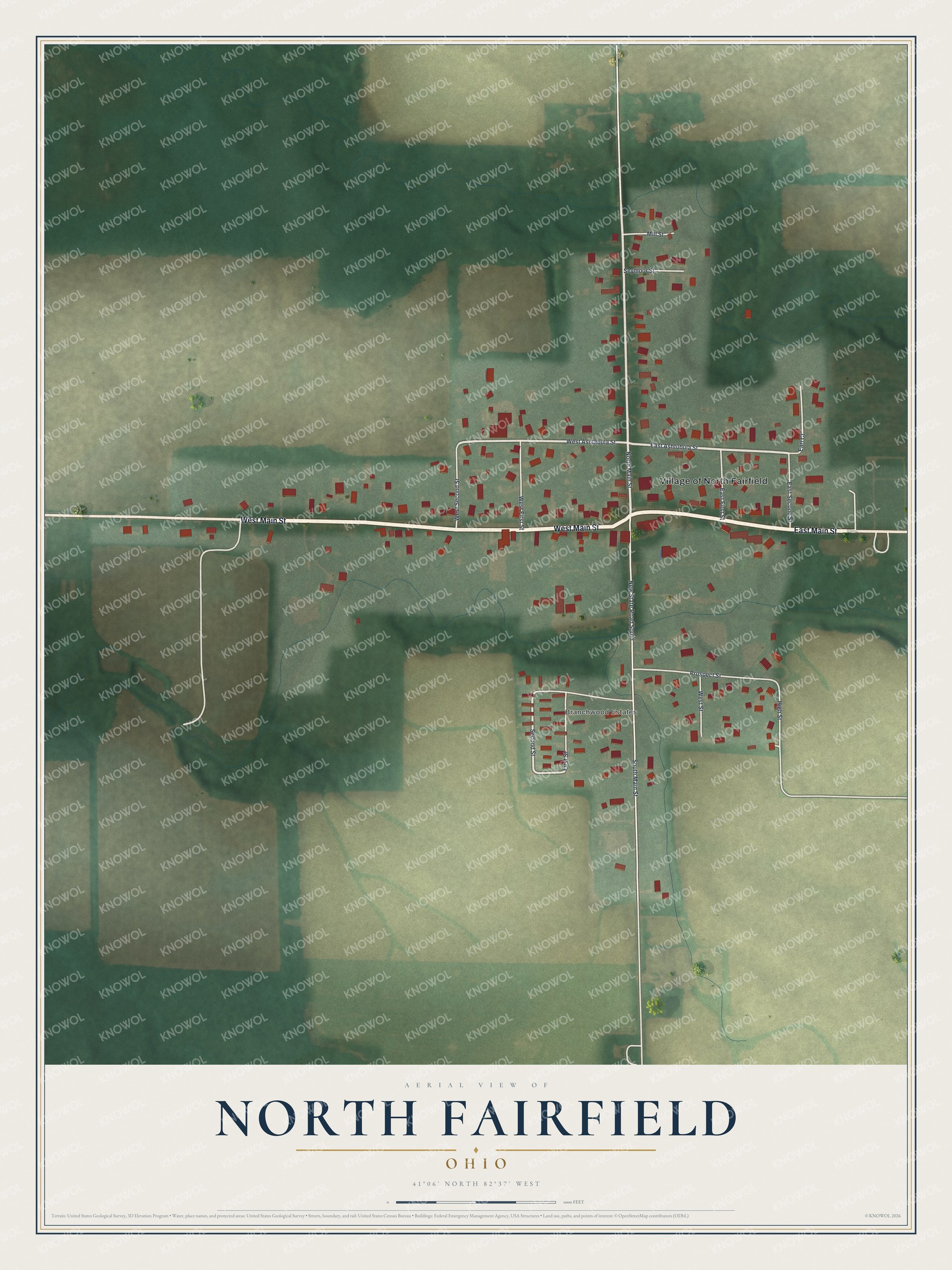 Full map of North Fairfield, Ohio, with red buildings, printed street names and the land around them