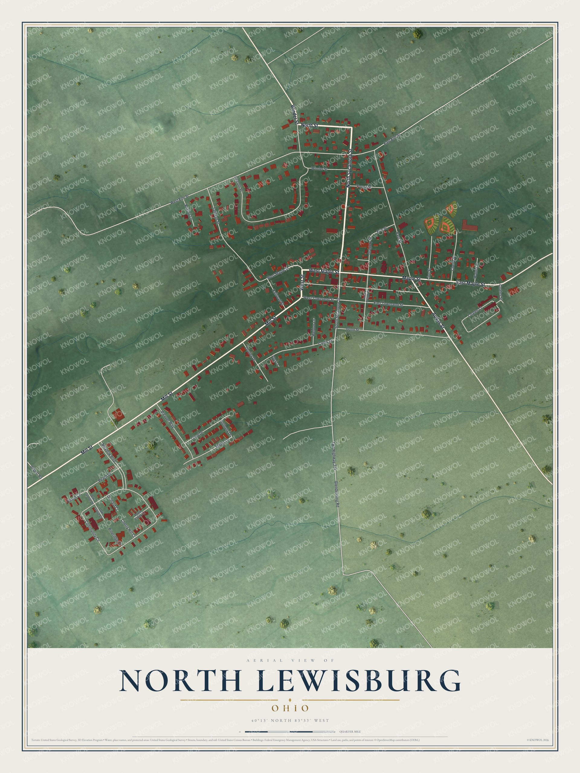 Aerial-style map of North Lewisburg, Ohio, with red buildings along Maple Street and Sycamore Street among green farm fields