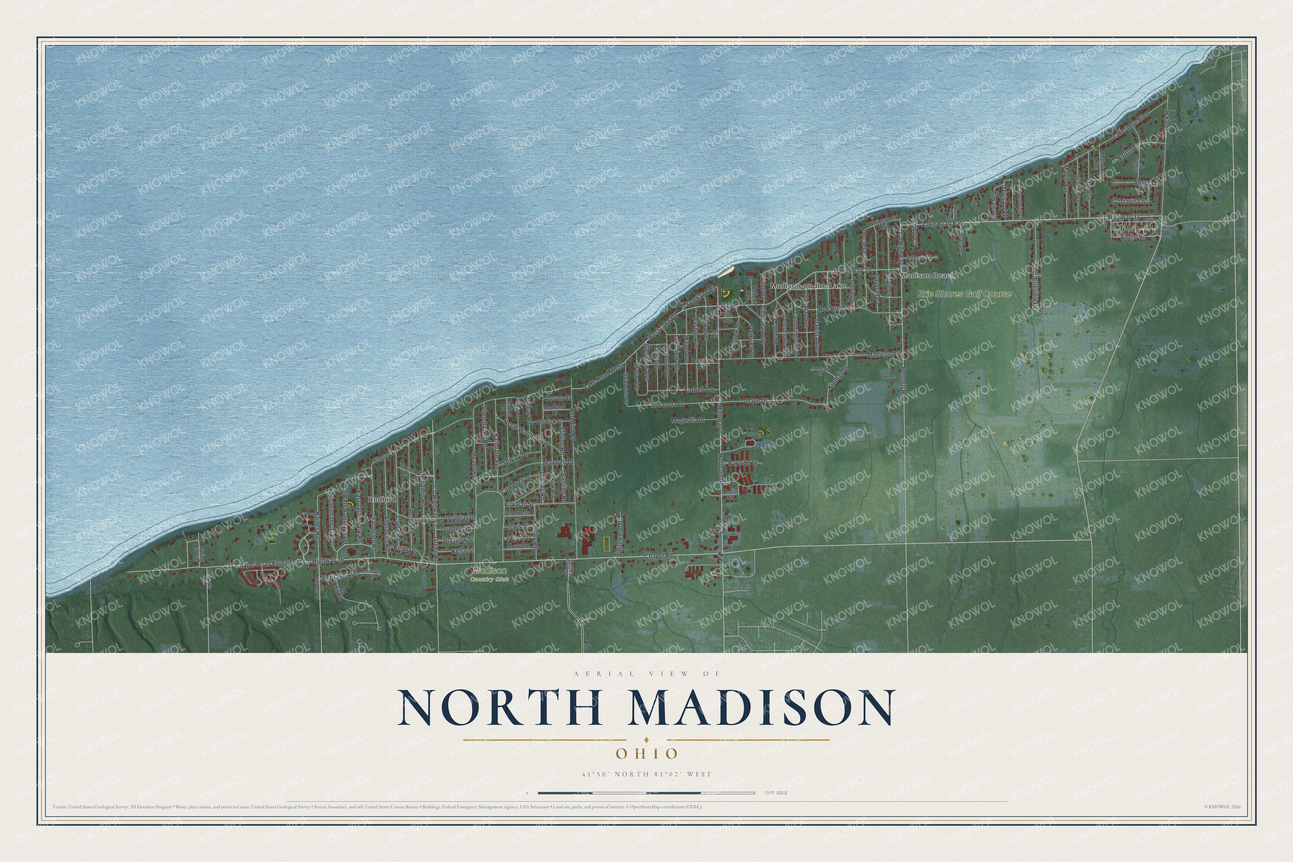 Full map of North Madison, Ohio, with red buildings, printed street names and the land around them