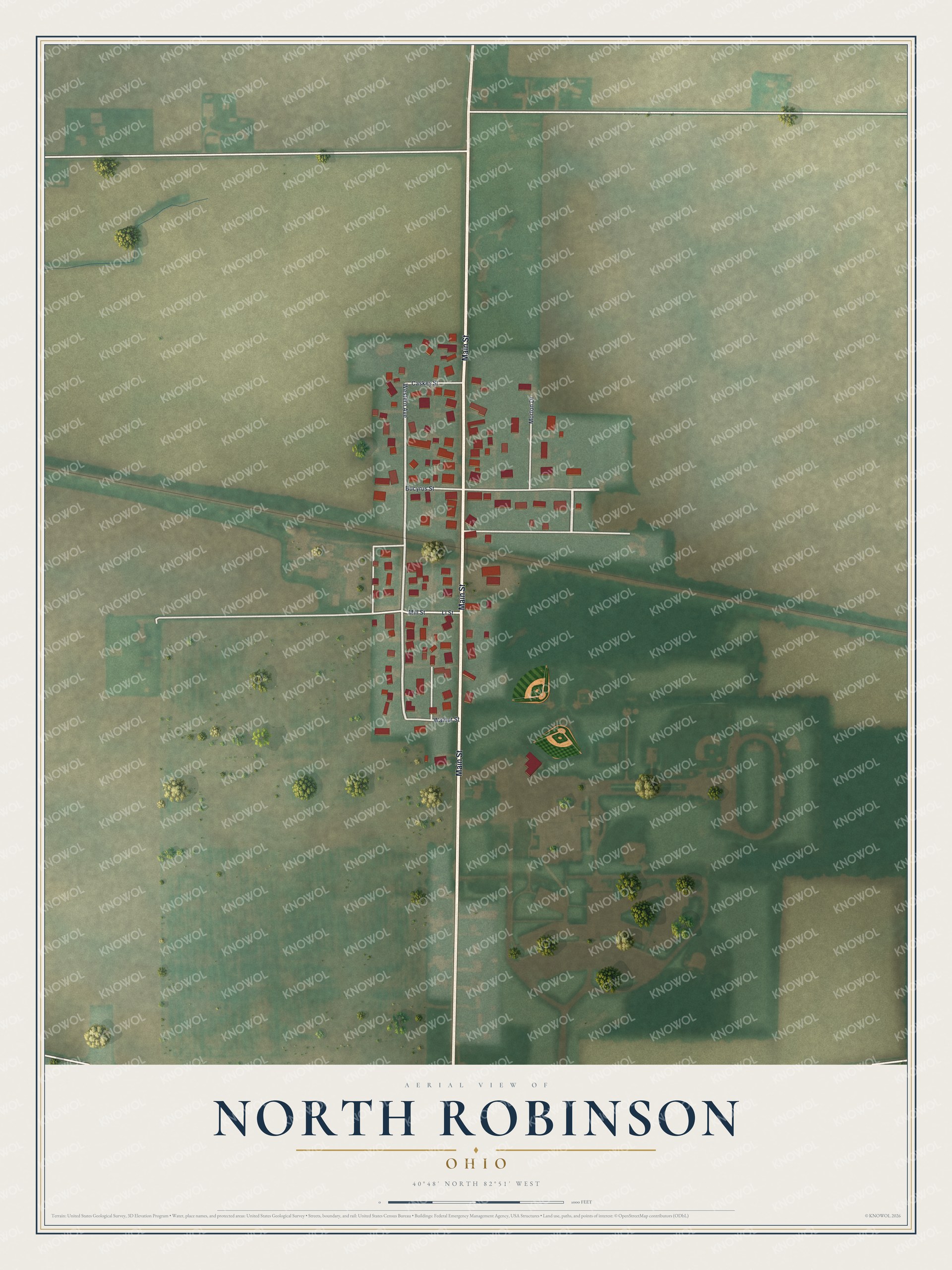 Full map of North Robinson, Ohio, with red buildings, printed street names and the land around them