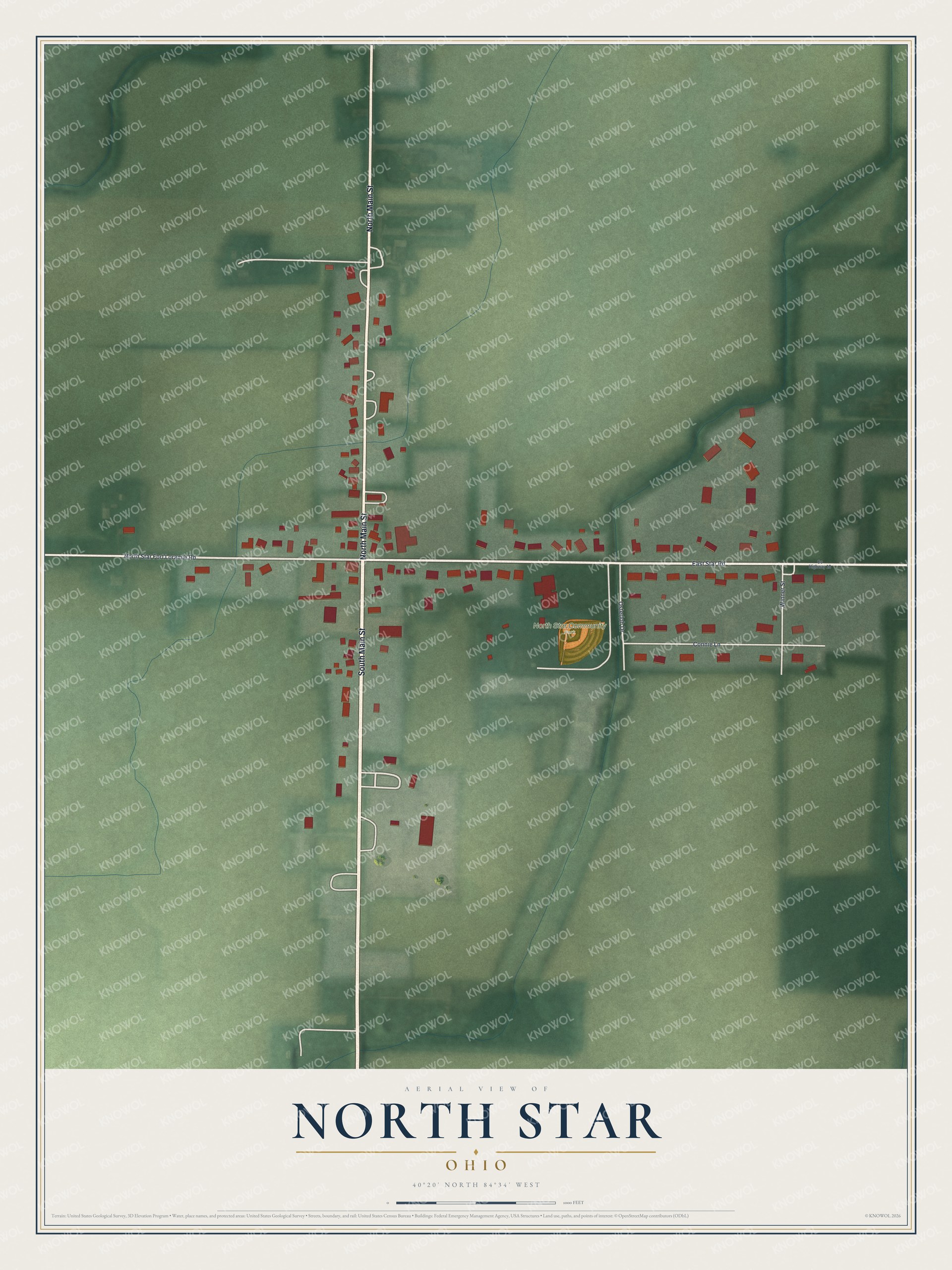 Full map of North Star, Ohio, with red buildings, printed street names and the land around them