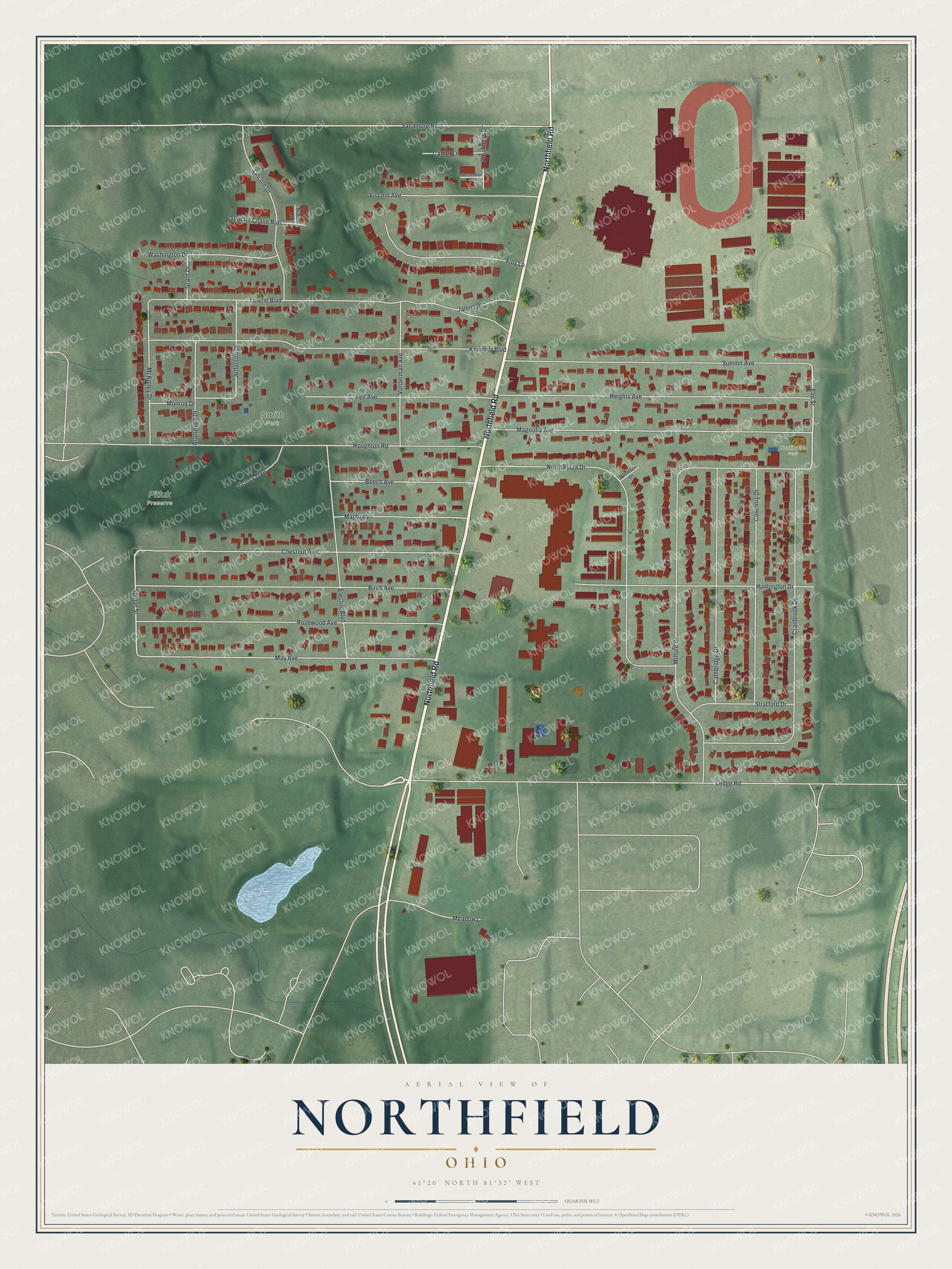 Full map of Northfield, Ohio, with red buildings, printed street names and the land around them