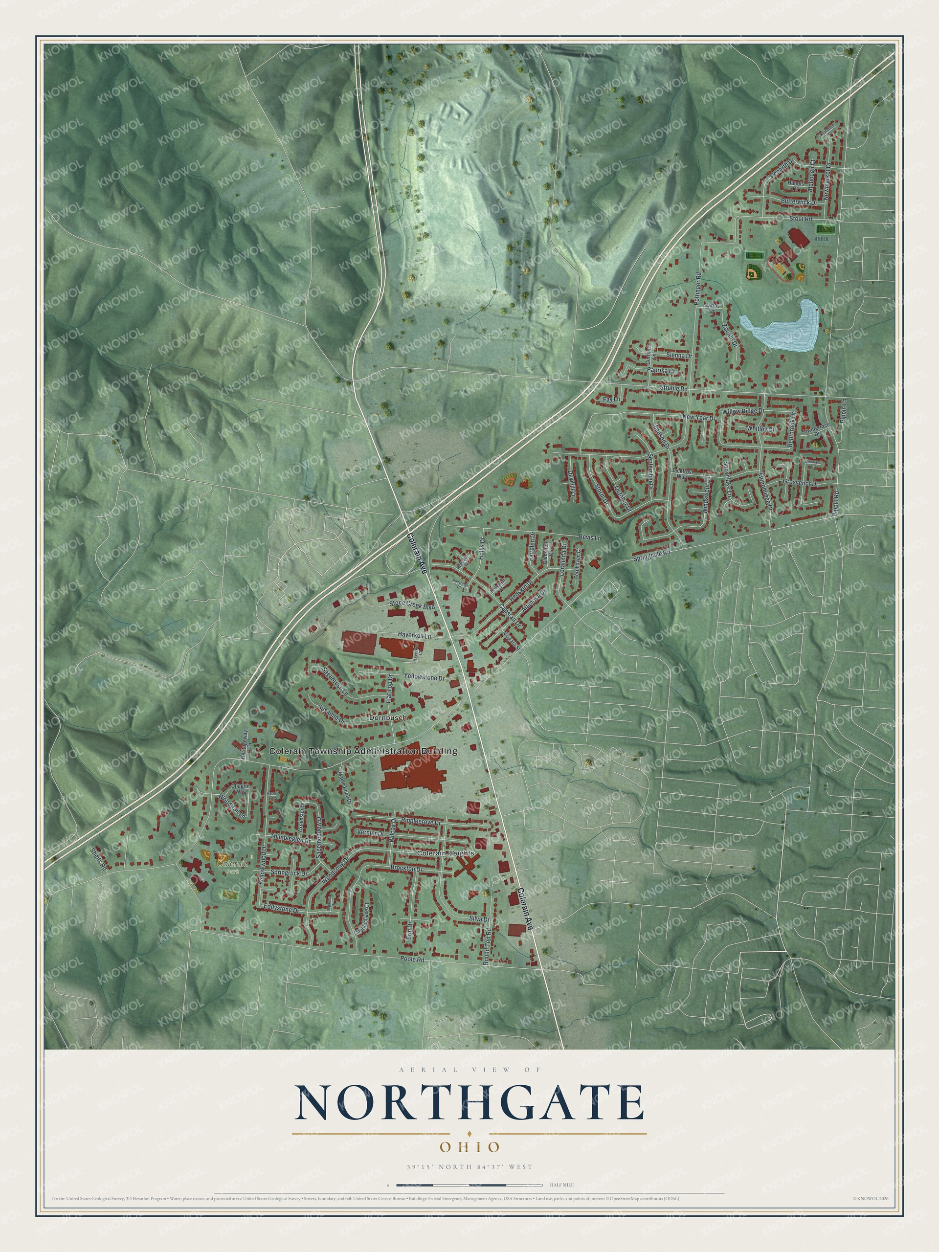 Full map of Northgate, Ohio, with red buildings, printed street names and the land around them