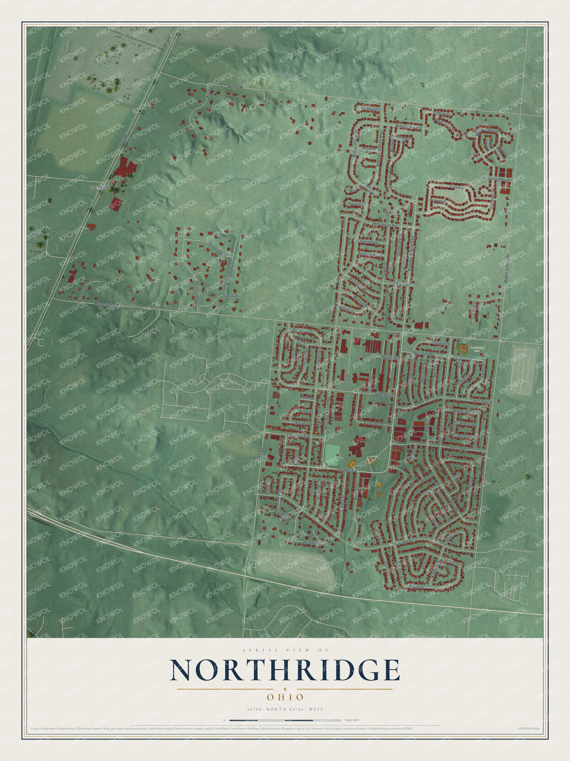 Full map of Northridge, Ohio, with red buildings, printed street names and the land around them