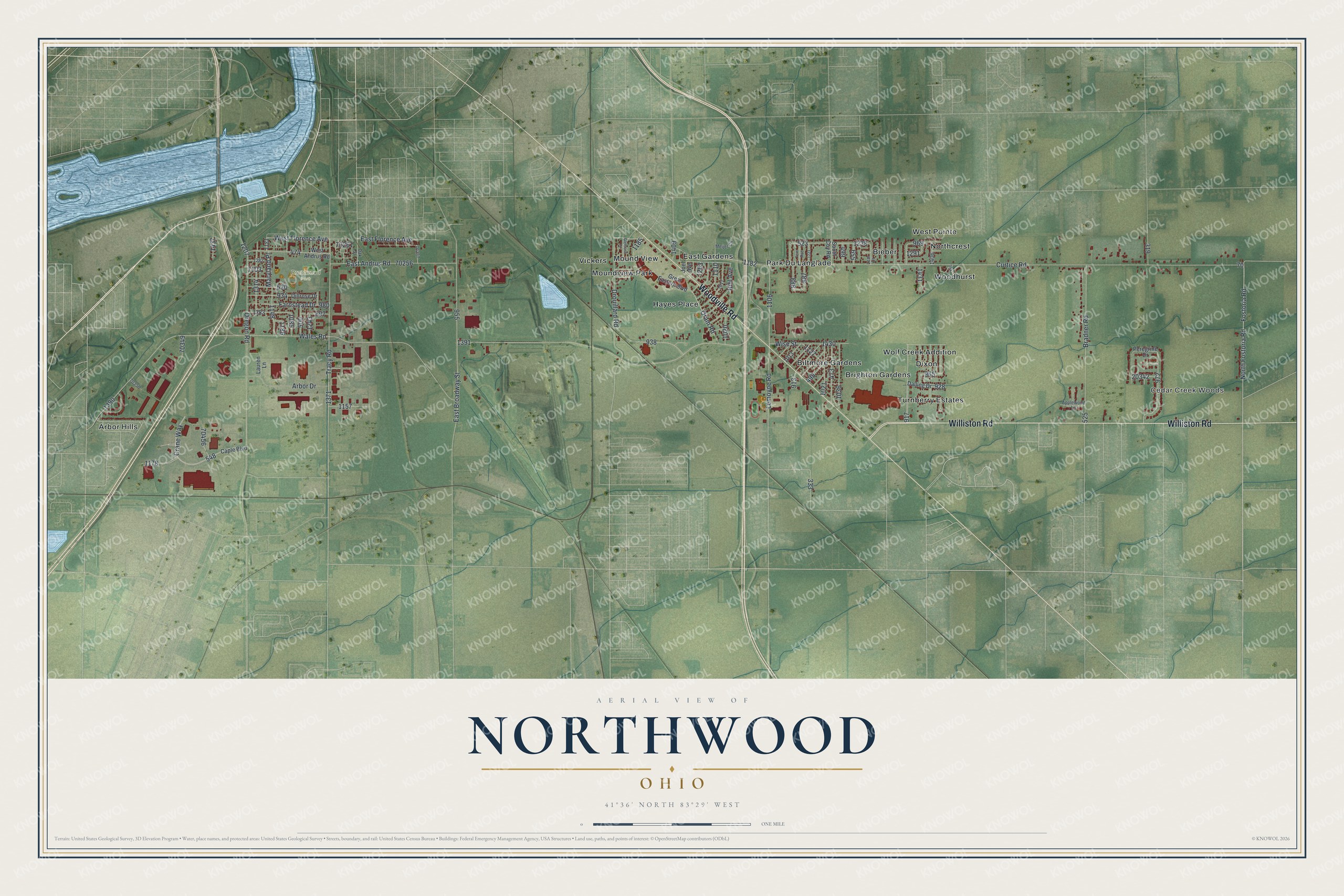 Full map of Northwood, Ohio, with red buildings, printed street names and the land around them