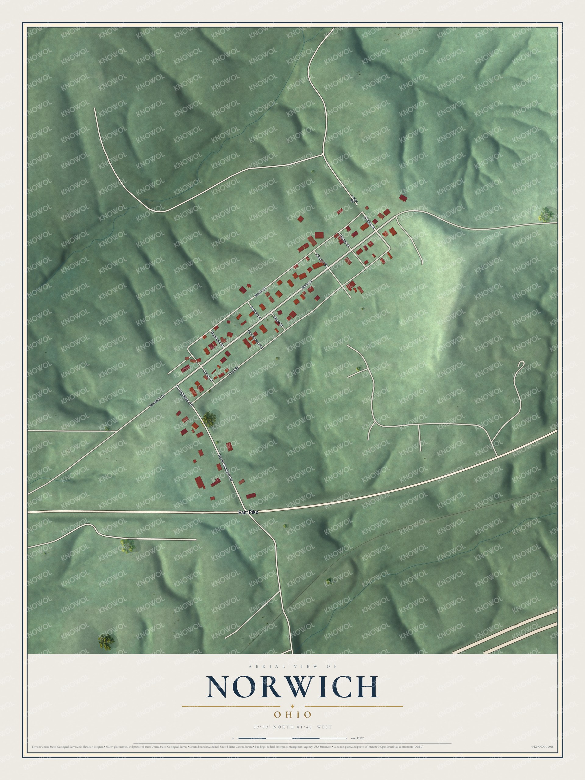 Full map of Norwich, Ohio, with red buildings, printed street names and the land around them