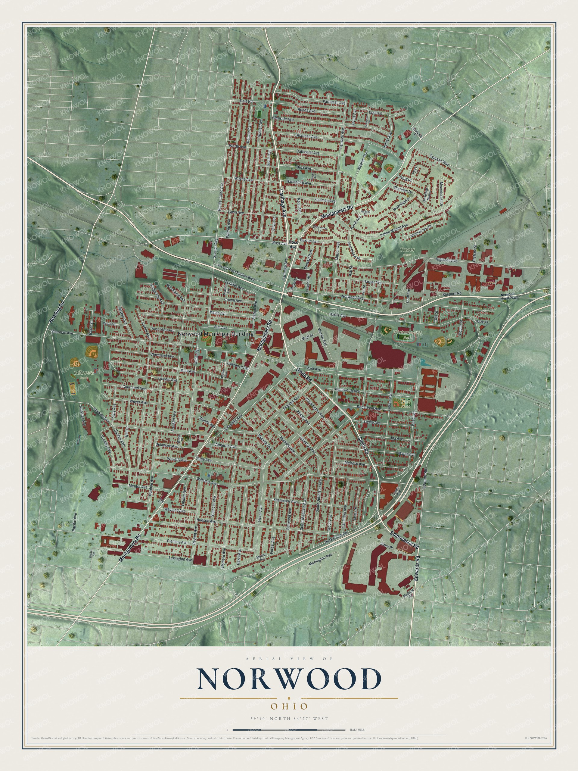 Aerial map of Norwood, Ohio with red buildings on a street grid over green hills and a cream title panel below