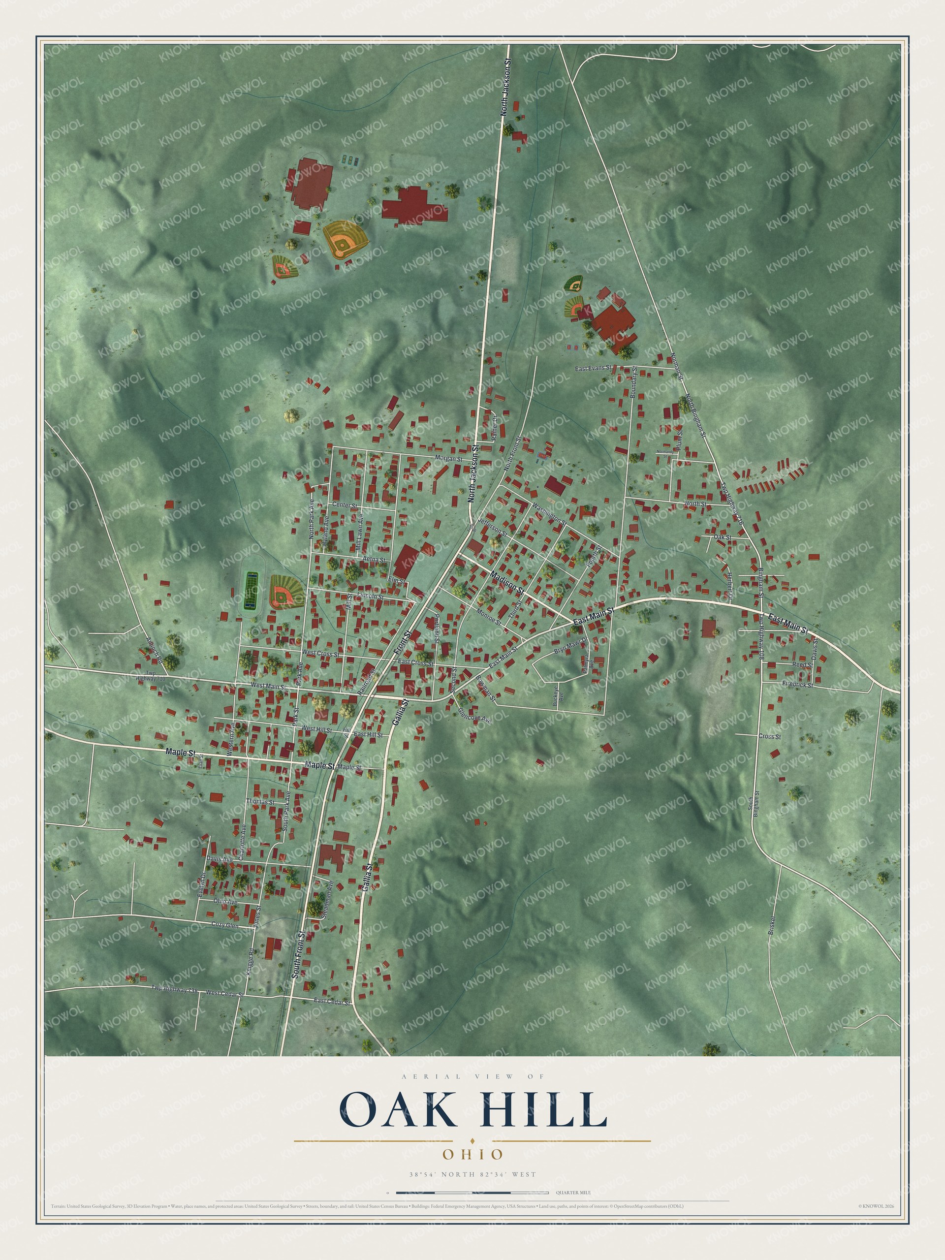 Full map of Oak Hill, Ohio, with red buildings, printed street names and the land around them