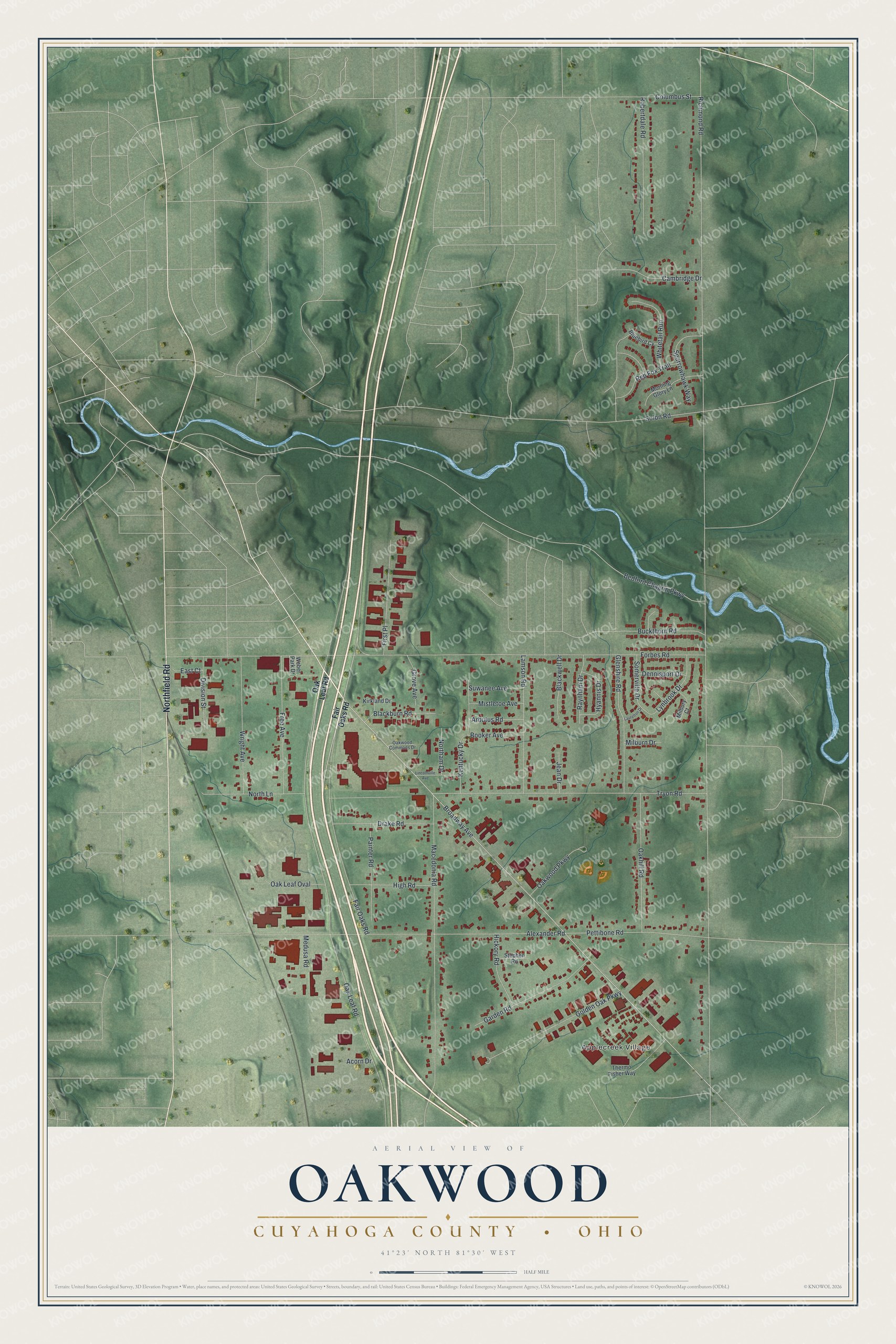 Full map of Oakwood, Ohio, with red buildings, printed street names and the land around them