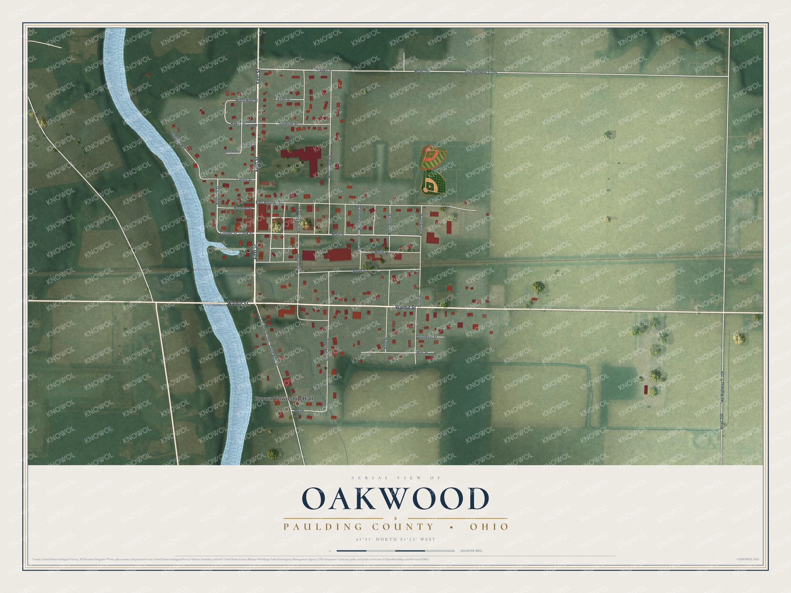 Full map of Oakwood, Ohio, with red buildings, printed street names and the land around them