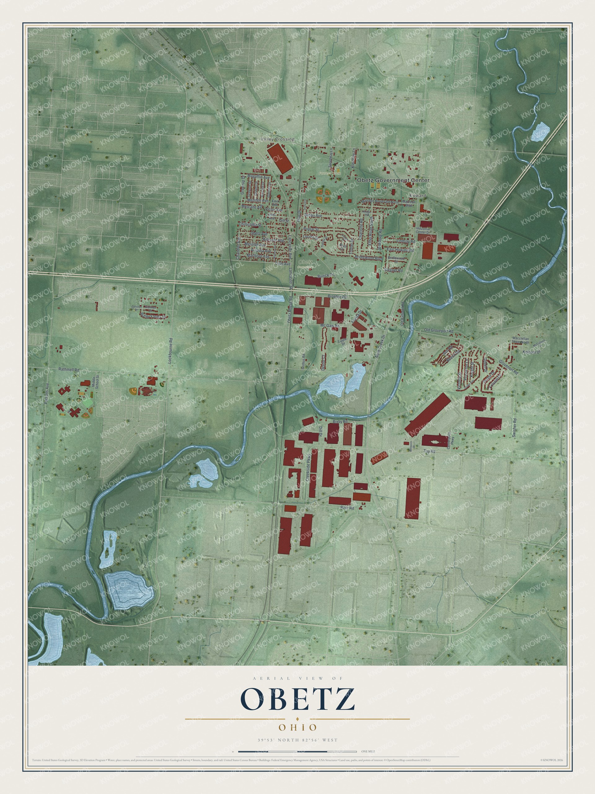 Full map of Obetz, Ohio, with red buildings, printed street names and the land around them