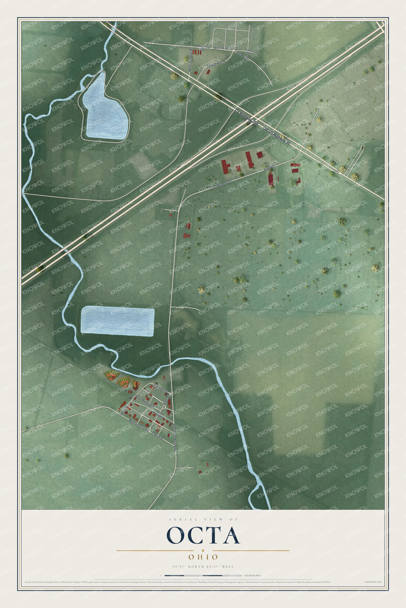 Full map of Octa, Ohio, with red buildings, printed street names and the land around them