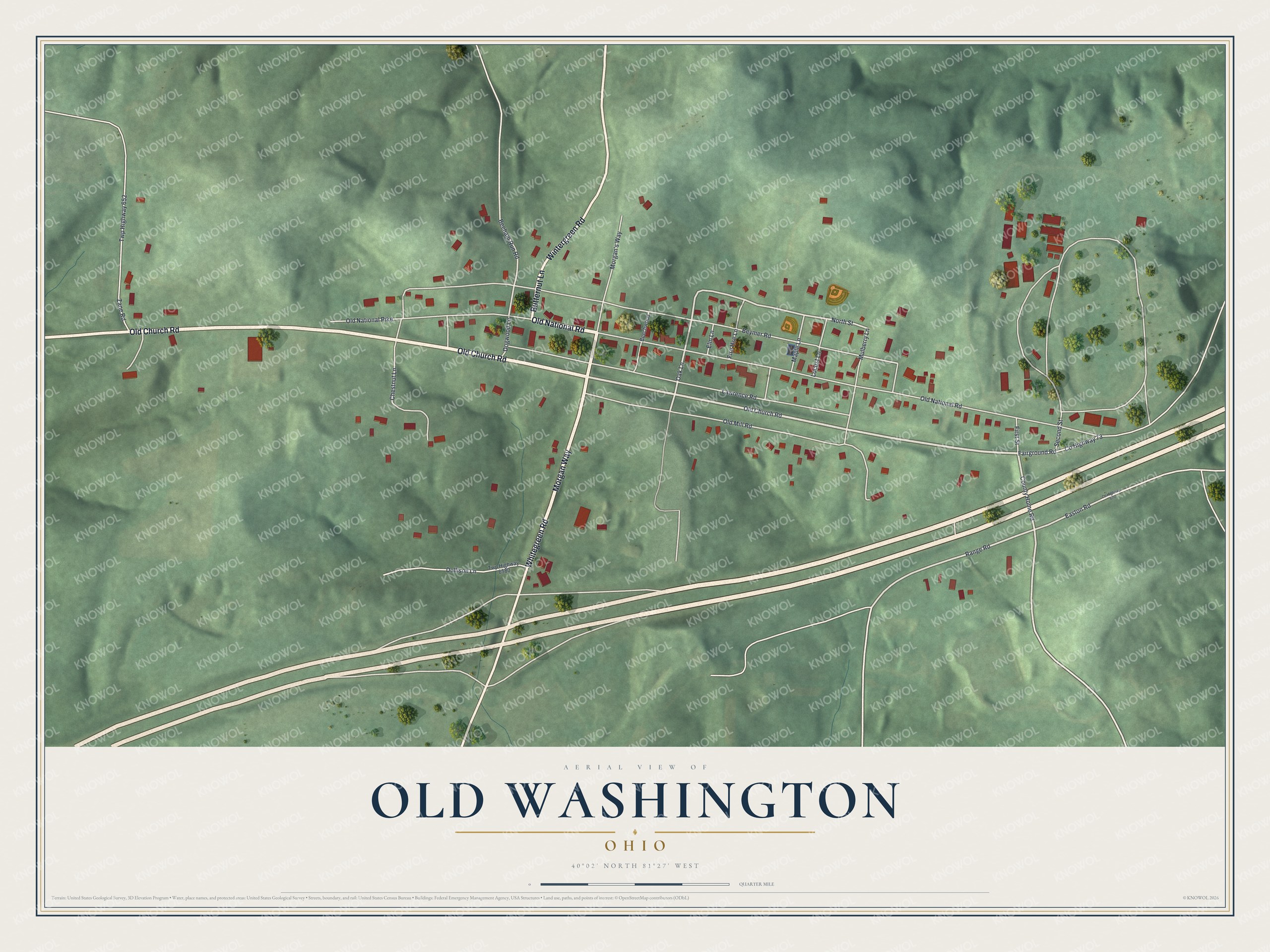 Full map of Old Washington, Ohio, with red buildings, printed street names and the land around them
