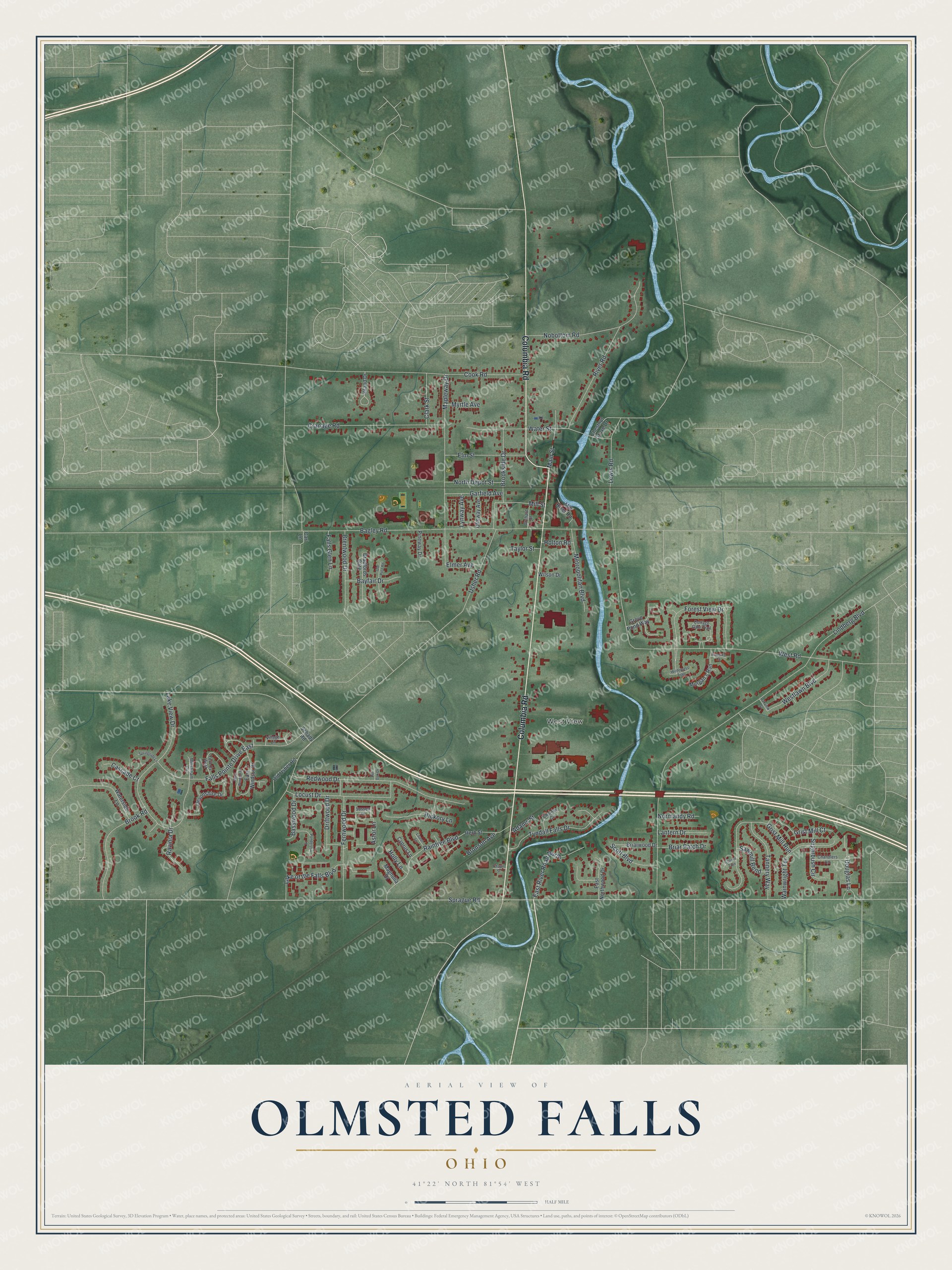 Aerial map of Olmsted Falls, Ohio in green with a blue river, rail lines and red buildings along Columbia Road