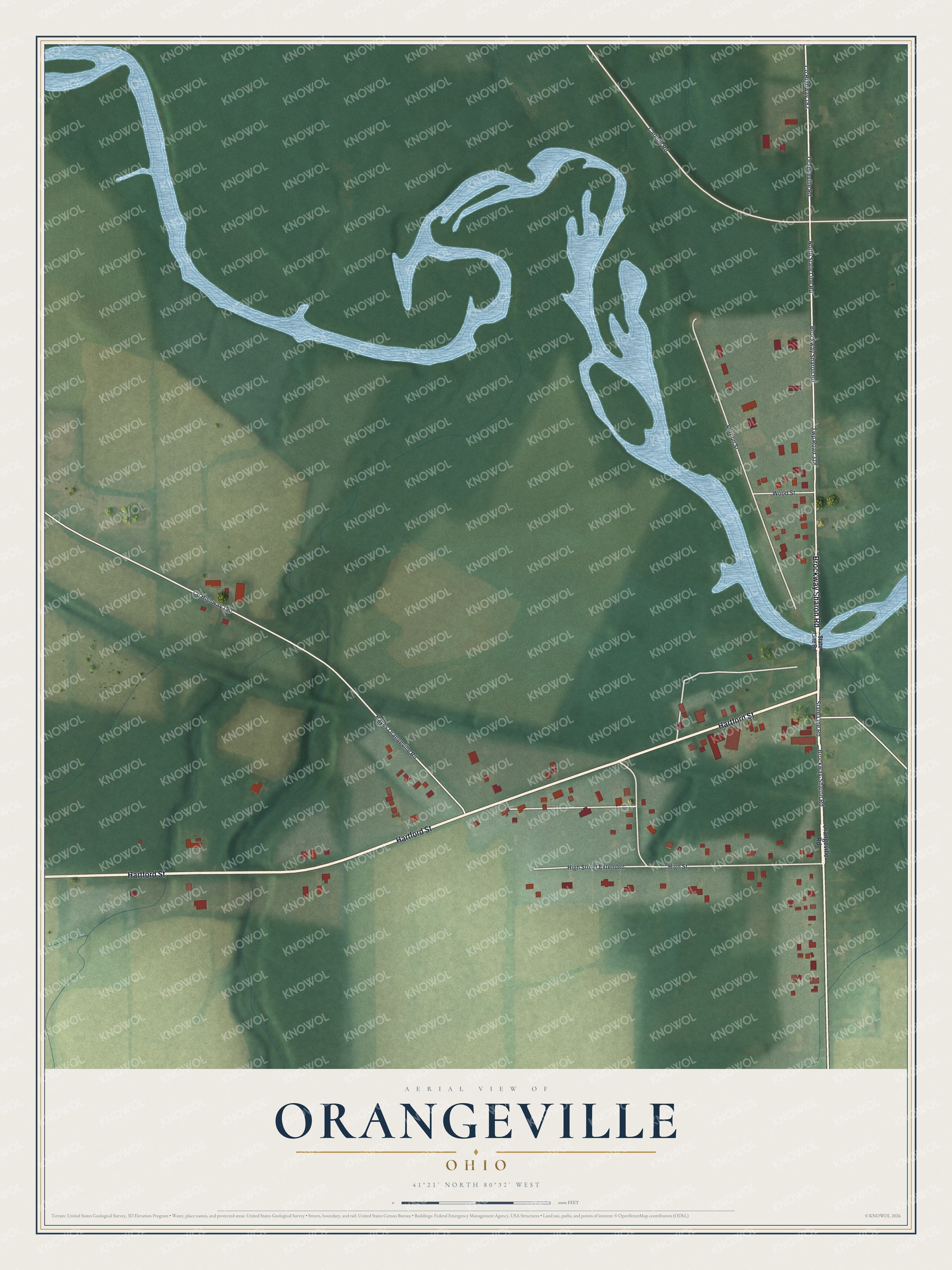 Full map of Orangeville, Ohio, with red buildings, printed street names and the land around them