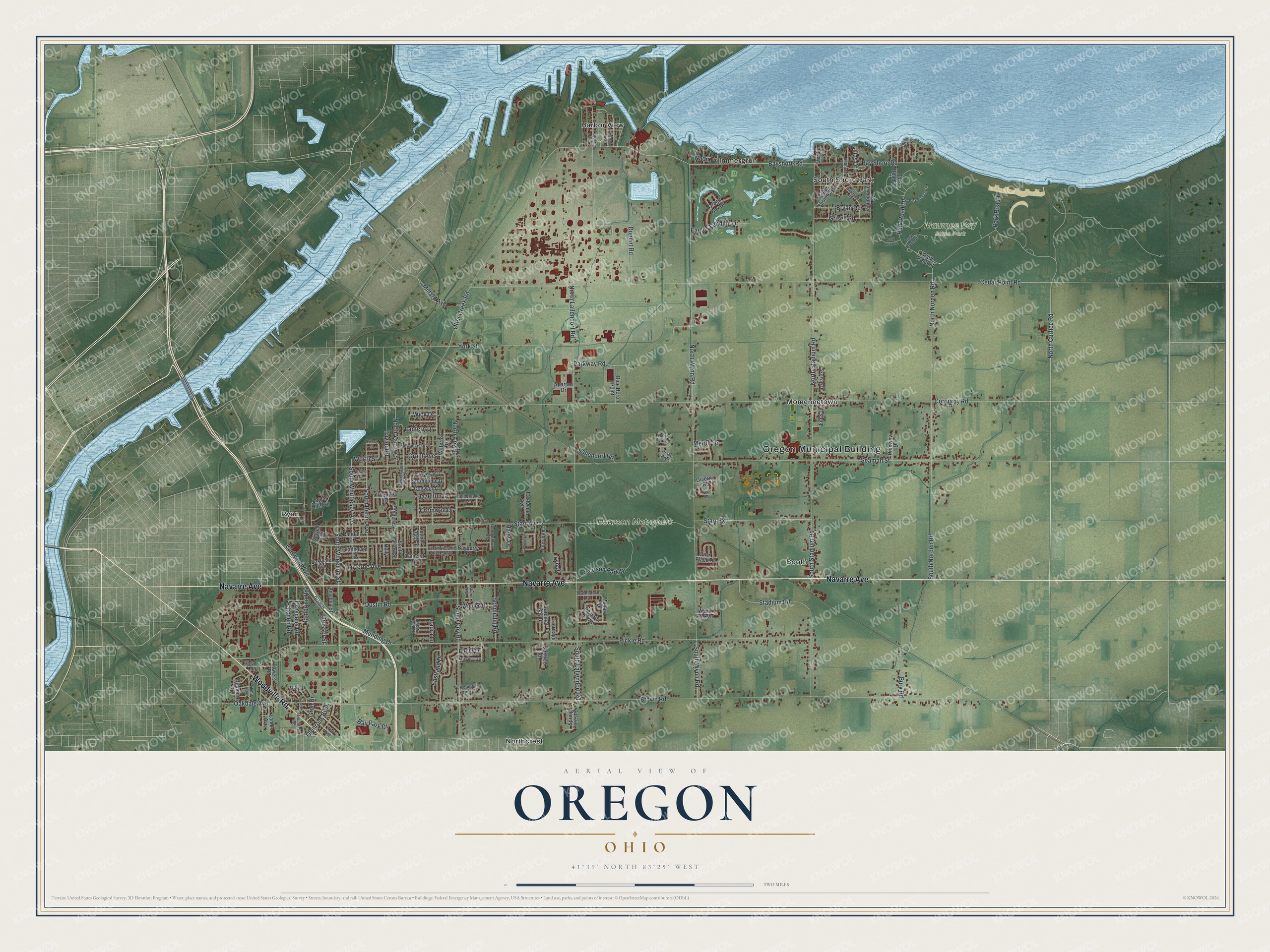 Aerial-style map of Oregon, Ohio, with a wide river on the left, open water at top right and red buildings along Navarre Avenue